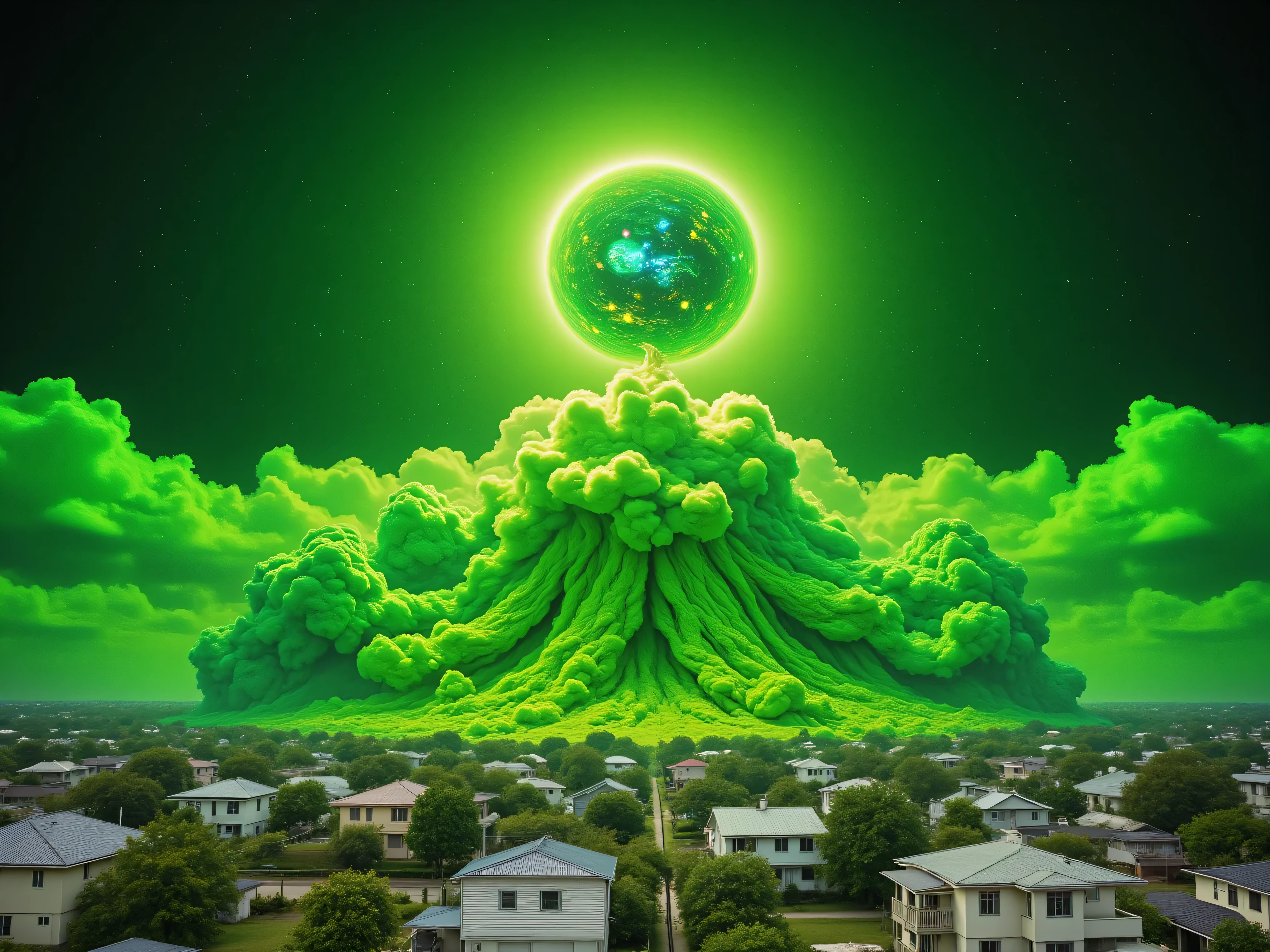 Ultra-realistic, photo-realistic, ultra-detailed, icon style, bright vibrant colors, a neon green sky with slime green clouds, and light lime green clouds in front of those clouds partially covering a dark green sun with tiny fragments of electric blue in it. An insane looking brilliant cloud-plume-like formation just above a realistic-looking town of normal homes and buildings all painted white or off white. White, off-white and grey structures. It looks almost like a green nuclear bomb. It's bomb. Documentary style photorealism photography, 3D rendered realism, and attention to meticulous detail. A masterpiece.