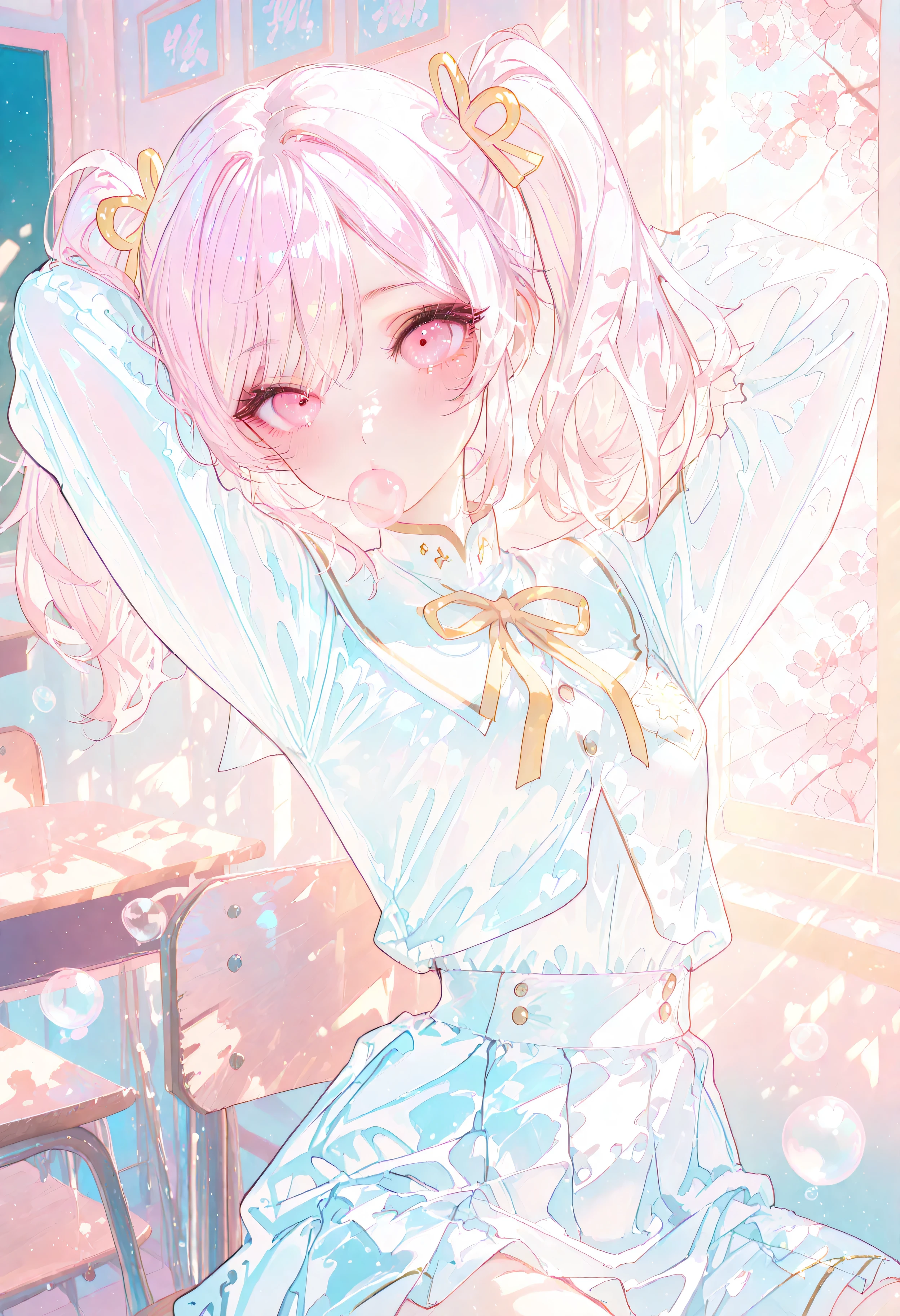 masterpiece, best quality, ultra detailed, 8K, anime illustration,
a cute schoolgirl with pastel pink twin-tails sitting on a classroom chair,
wearing a light blue and white school uniform with a yellow ribbon,
leaning back with both arms folded behind her head, looking bored and playful,
blowing a bubble with bubble gum, her lips softly parted,
soft morning sunlight enters through the classroom windows,
pastel color palette of sky blue, light yellow, and soft pink tones,
desks, chalkboard, and classroom details softly blurred with a matte finish,
her uniform and hair have gentle glossy highlights that catch the light subtly,
her eyes are delicately drawn with fine reflections, faint blush on cheeks,
anime-style clean linework, smooth shading,
soft dreamy atmosphere with a pop-art pastel vibe,
balanced colors — not overly pink, airy and fresh composition