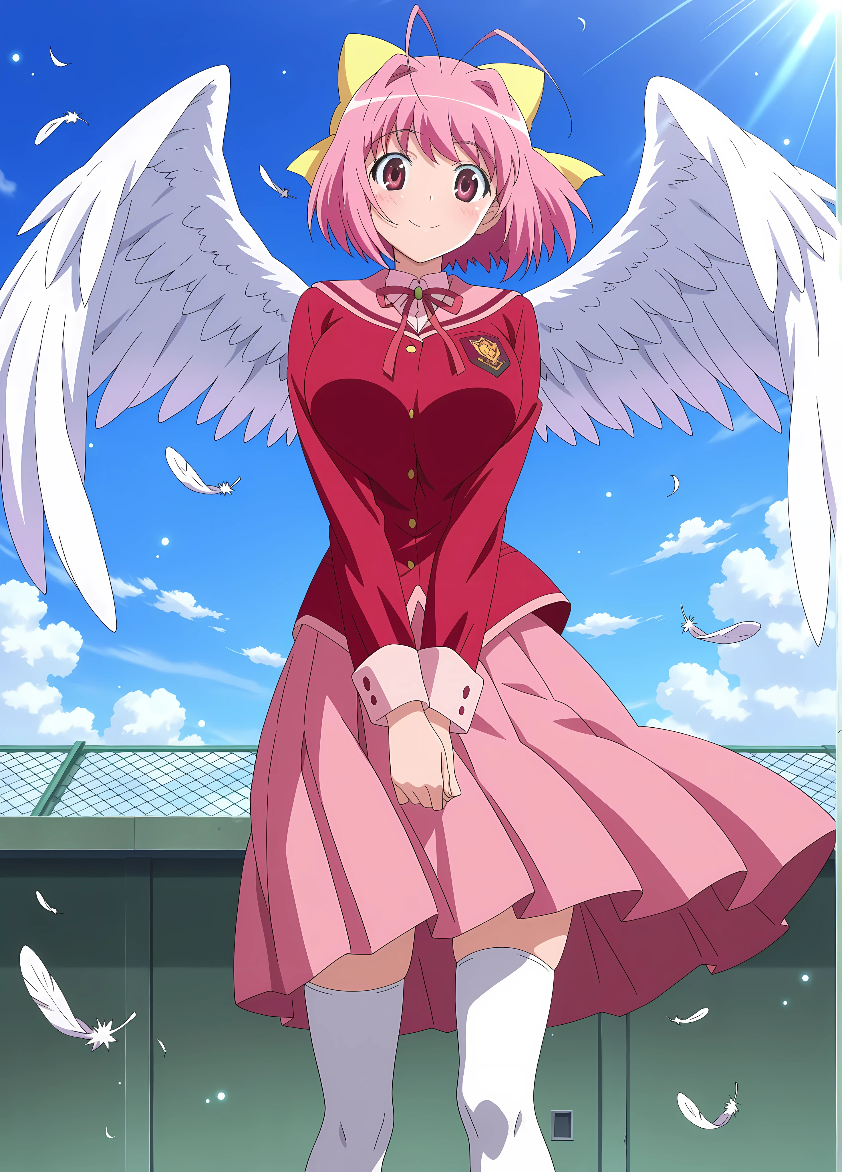 (Masterpiece, best quality, amazing quality, anime_screencap), 1girl, solo, Kanon Nakagawa (Kami nomi zo Shiru Sekai), short hair, pink hair, hair bow, antenna hair, pink eyes, caring expression, loving smile, :), white beautiful skin, huge breasts, standing, straight posture, v arms, looking at viewer, feet out of frame, slim body, zettai ryouiki, long sleeves, shirt, pink sailor collar, red trim, school uniform, red ribbon tie, red shirt, pink collared shirt inside, untucked shirt, pleated pink skirt, long skirt, open angel wings, white feathers falling, glitter, angelic atmosphere, outdoors, blue sky, sunlight, skindentation, rooftop, clouds, sidelighting, soft lighting and shadows, floating hair and skirt