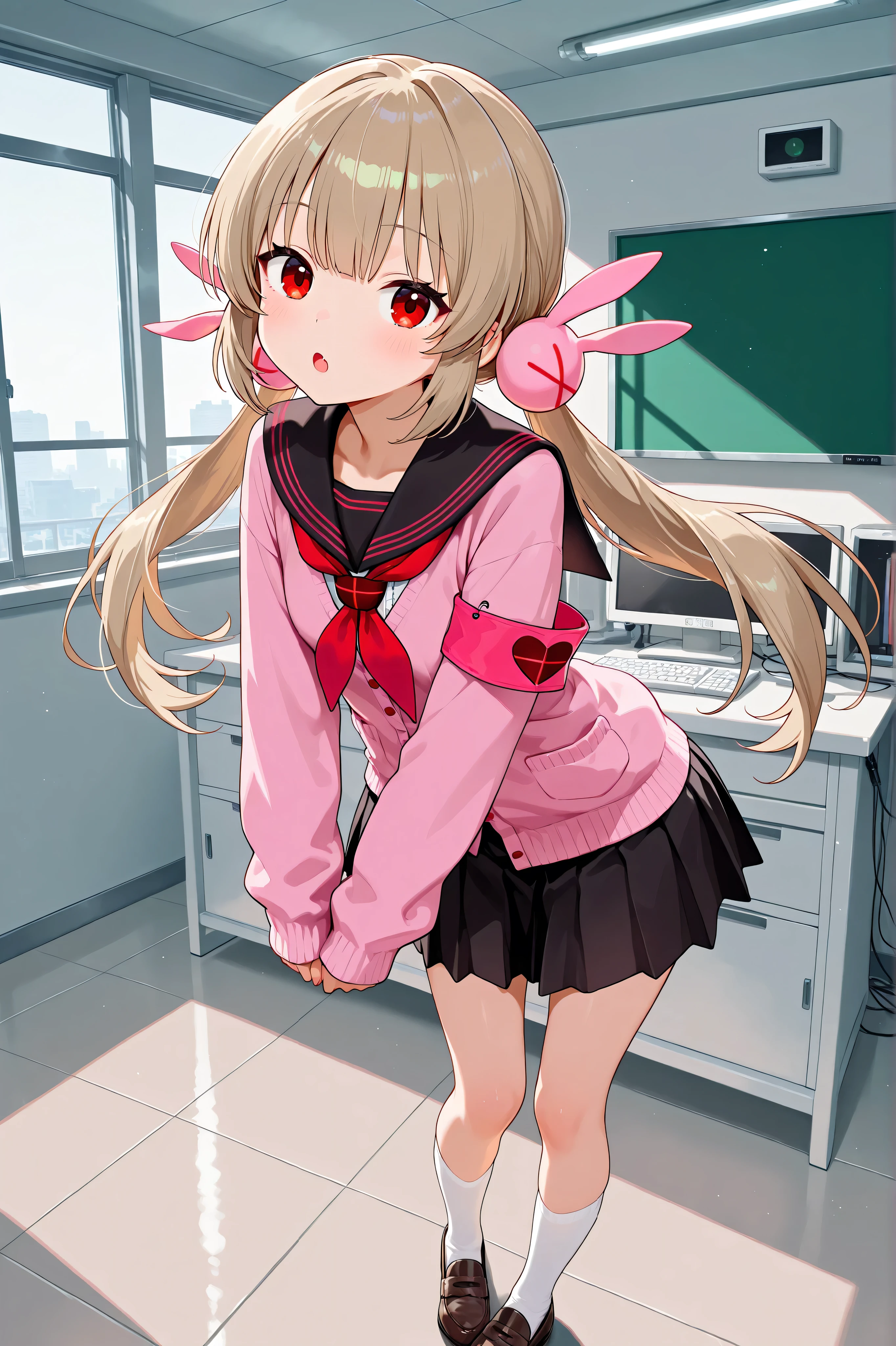 natori sana,in science room, 1girl, virtual youtuber, red eyes, light brown hair, long hair,twintails, low twintails, hair ornament, pink cardigan, black sailor collar, red neckerchief, pleated skirt, black skirt, armband, long sleeves, white socks, loafers,masterpiece,Highest Quality,Very Detailed,Ultra High Definition,8k,4k,simple back ground,beautiful eyes,catchlight,