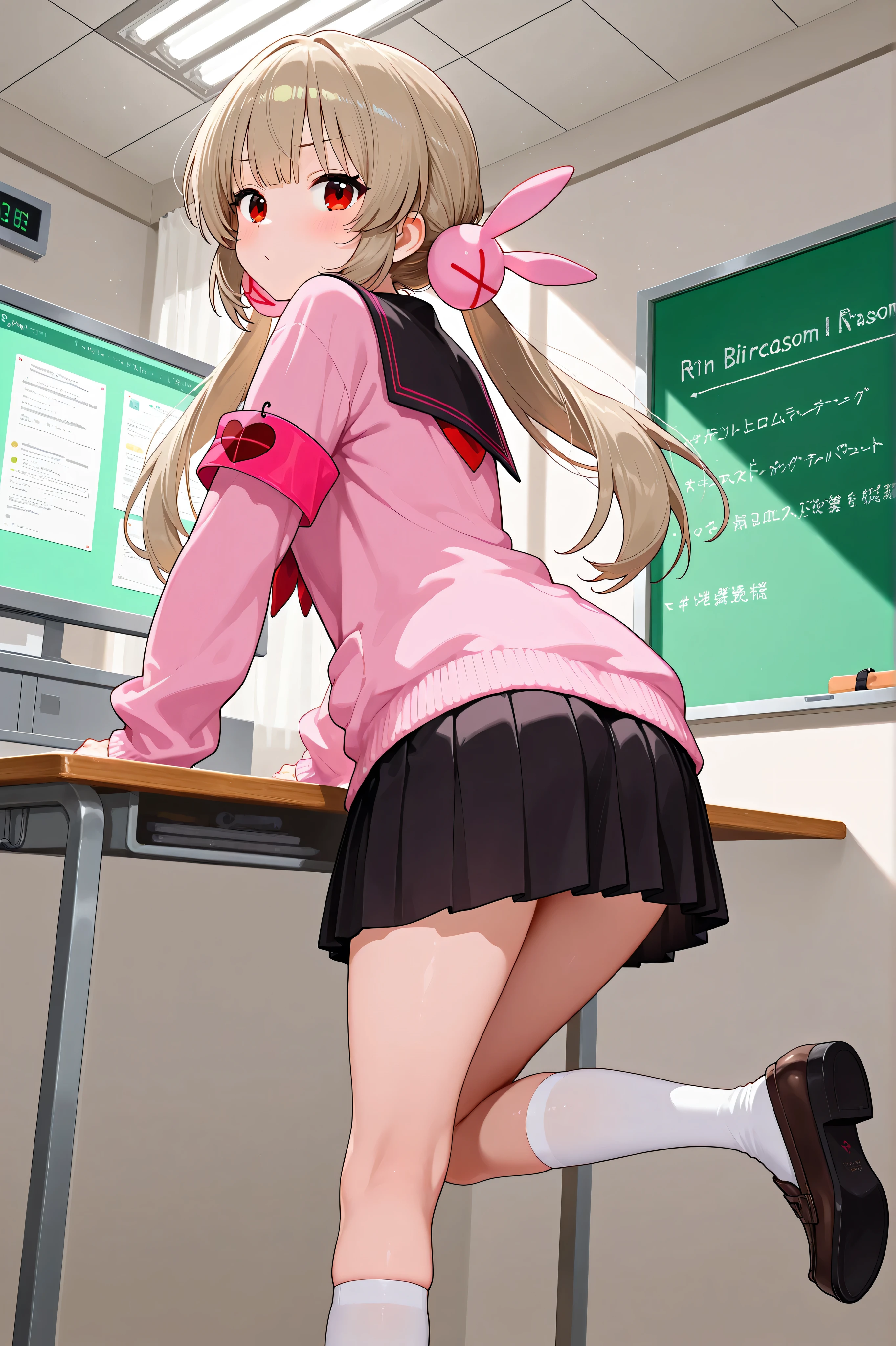 natori sana,in science room, 1girl, virtual youtuber, red eyes, light brown hair, long hair,twintails, low twintails, hair ornament, pink cardigan, black sailor collar, red neckerchief, pleated skirt, black skirt, armband, long sleeves, white socks, loafers,masterpiece,Highest Quality,Very Detailed,Ultra High Definition,8k,4k,simple back ground,beautiful eyes,catchlight,