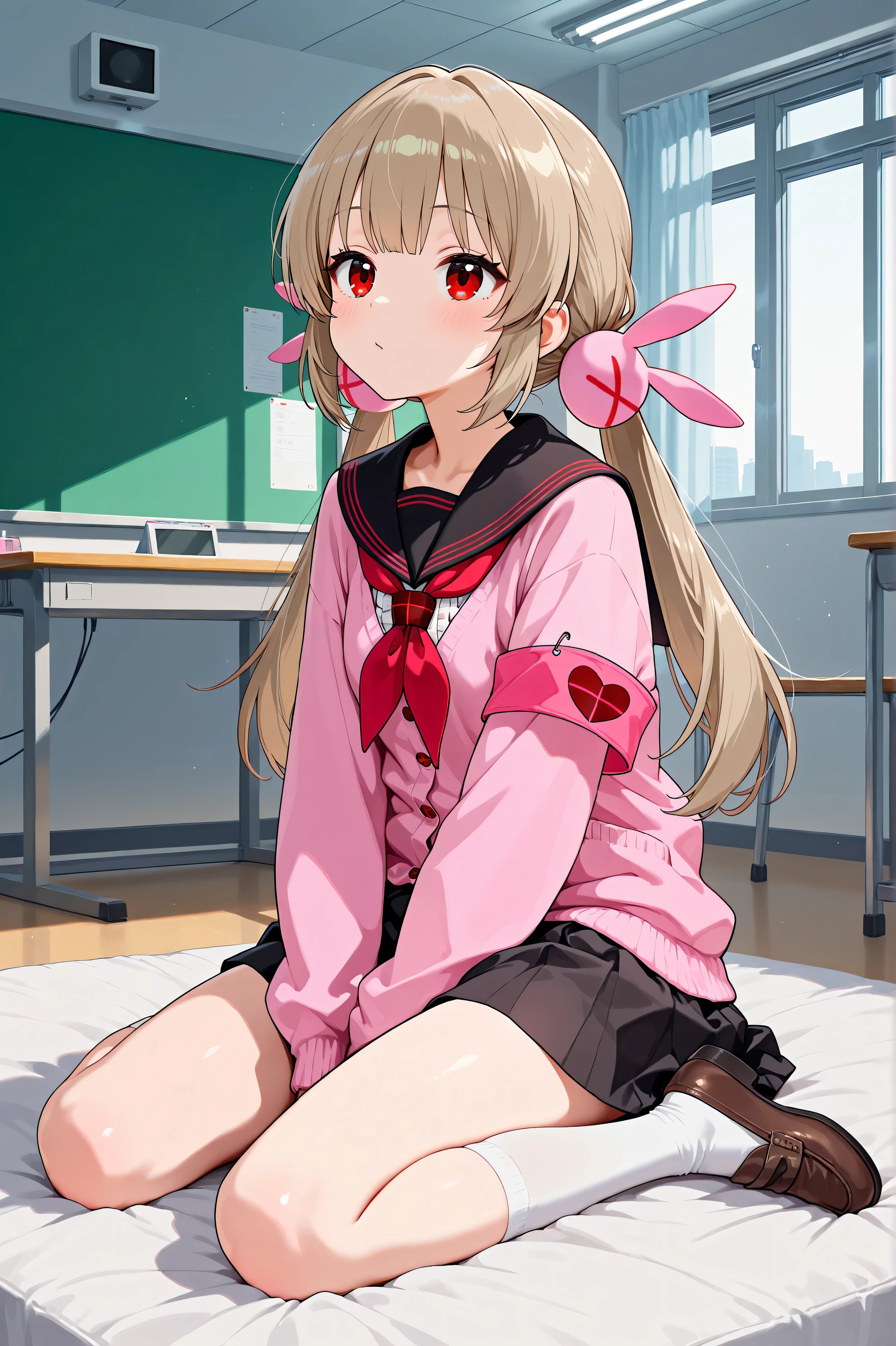 natori sana,in science room, 1girl, virtual youtuber, red eyes, light brown hair, long hair,twintails, low twintails, hair ornament, pink cardigan, black sailor collar, red neckerchief, pleated skirt, black skirt, armband, long sleeves, white socks, loafers,masterpiece,Highest Quality,Very Detailed,Ultra High Definition,8k,4k,simple back ground,beautiful eyes,catchlight,