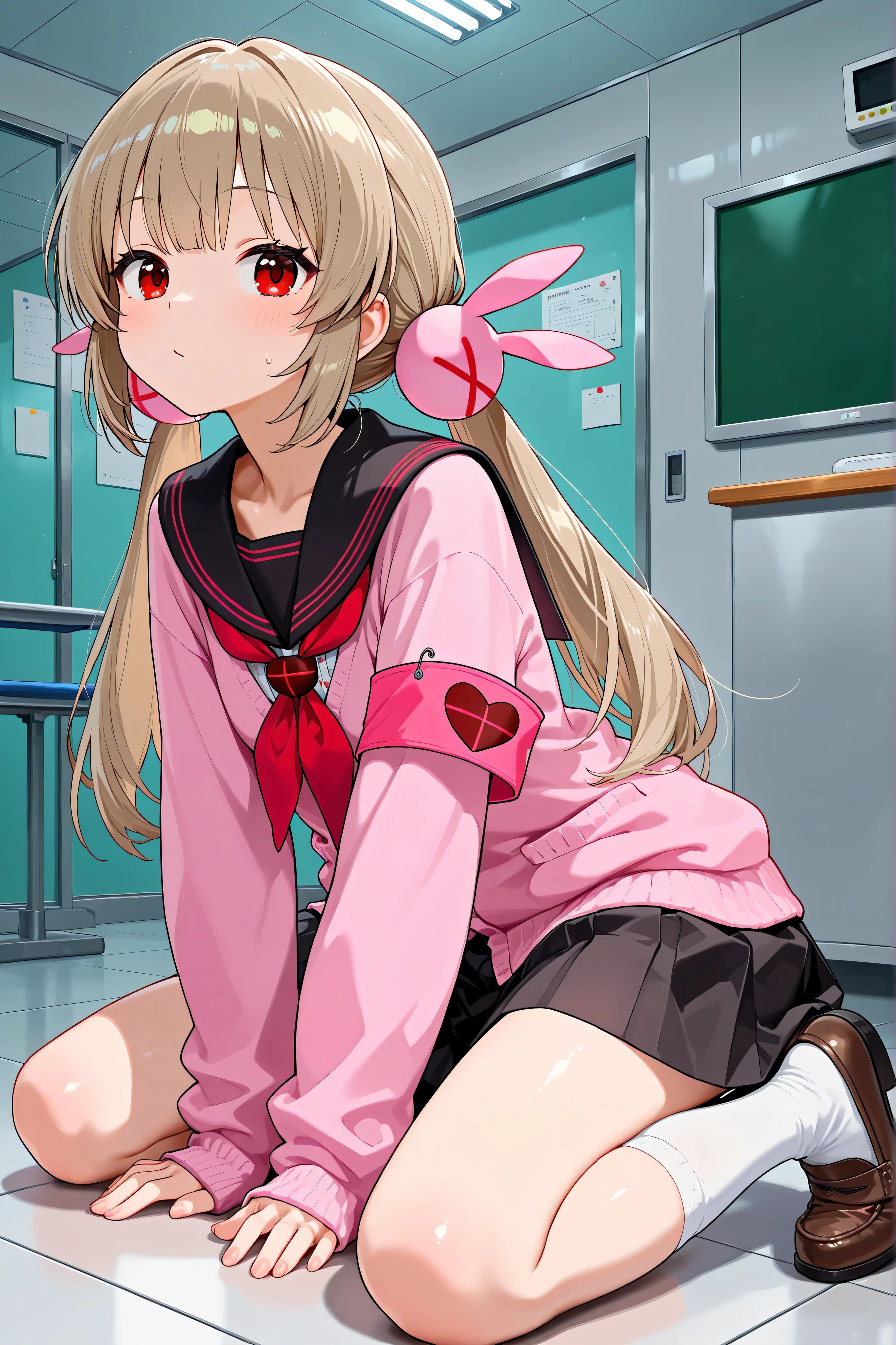natori sana,in science room, 1girl, virtual youtuber, red eyes, light brown hair, long hair,twintails, low twintails, hair ornament, pink cardigan, black sailor collar, red neckerchief, pleated skirt, black skirt, armband, long sleeves, white socks, loafers,masterpiece,Highest Quality,Very Detailed,Ultra High Definition,8k,4k,simple back ground,beautiful eyes,catchlight,