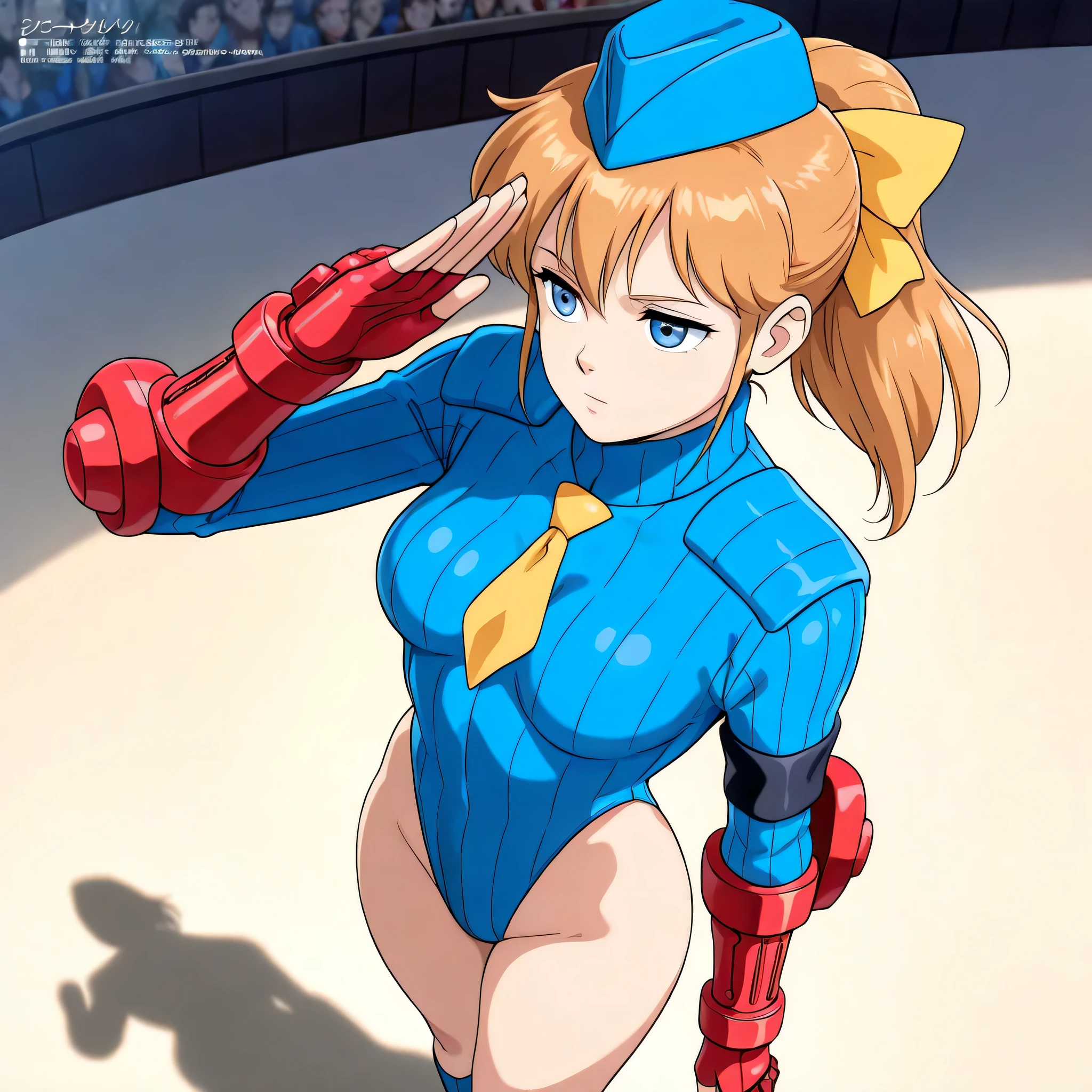 (((Masterpiece))), (((Best Quality))), ((Super Detail)), ultra-High resolution, score_9,score_8_up,score_7_up,score_6_up,score_5_up,score_4_up, BREAK, source_anime, anime screencap, uncensored, Masterpiece, (best shadow), (absurdres), (detailed background), (very aesthetic), shiny, detailed beautiful eyes, outstanding, countershading, detailed soft lighting, an exquisite animation illustration, curvy, shadaloo dolls, red gloves, hat, fingerless gloves, gauntlet, red gauntlet, leotard, cosplay, highleg, highleg leotard, garrison cap, dark persona, ribbed leotard, yellow necktie, (((solo, 1girl))), hair ornament,  pose, submissive pose, anime style, anime coloring, animification, megami magazine,  pose, dynamic angle, cinematic angle, dutch angle, medium , Hikari Kamijo, blue_eyes, brown_hair, long_hair, ponytail, 1980s (style), retro artstyle, Rhythmic gymnast, gymnastic ribbon, in gym, salute, saluting, standing, standing at attention, standing still, looking ahead, expressionless, emotionless, looking from above, view from above, from above