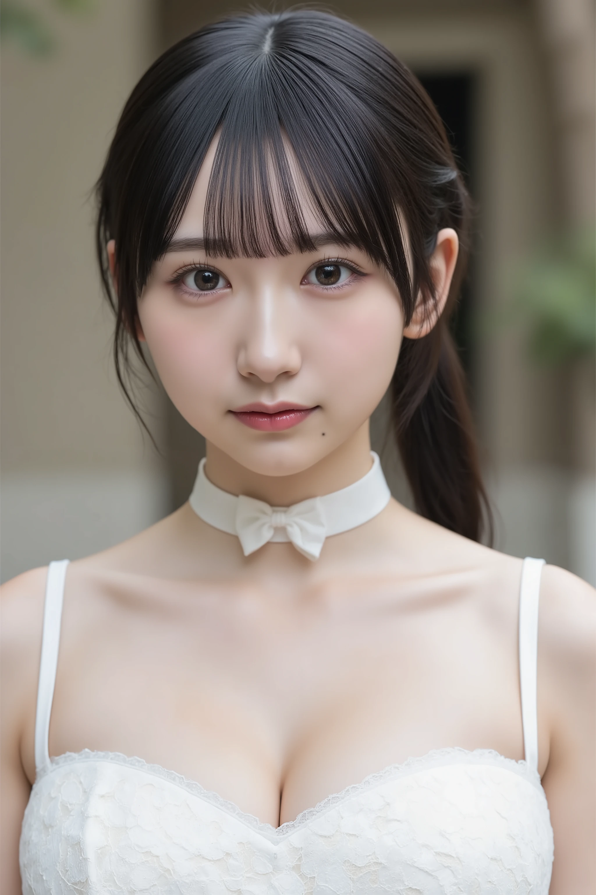 This photo shows a cute Japanese woman, goth fashion,
white lace dress, white choker, off shoulder,
The image is of very high quality, with clear skin texture.
The focus is on her face.
The focus is very sharp.
Her whole body is in the picture.
Her facial expression is sexy.
She is facing forward.
She has shiny black hair.
Her skin is beautiful, fair, finely textured, and even.
Her breasts are large and firm.