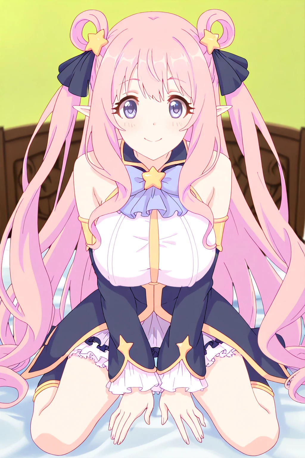 （best quality， masterpiece），full body, 1 girl solo, mine ,????, details, (Light and shadow oxtail , Cute girl posing on pillow ,（Pillow）, large pillow，steam, pillow humping，(pillow ride), ????????????,  pillow straddling, ?????? rub, hump，open mouth , kneeling，（Steaming hot），（pillow）, frilled pillow, pink polkadot pillow , hatsune (princess connect), far view