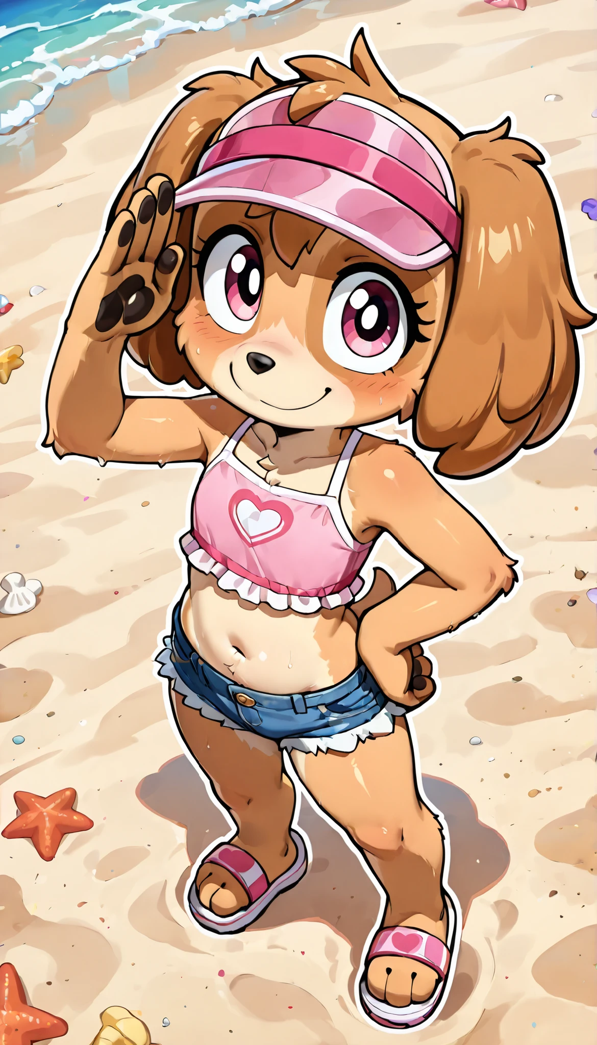 score_9, score_8_up, score_8, source_cartoon, source_furry, 1girl, solo, Skye(PP), dog, anthro, dog, furry, Cockapoo, pink eyes, golden-brown body fur, golden-brown hair, cute face, 4 fingers, ((pink visor cap, pink frilly tankini, midriff, denim shorts, sandals)), full body, feets with three toes, beach background, confident face, short body, thin body, glistering body, shiny body, (Small, Short:1.1), (young cub:1.2), looking at viewer, standing, one hand own hip, salute with one hand, anime style, thick outline, bird eye view,