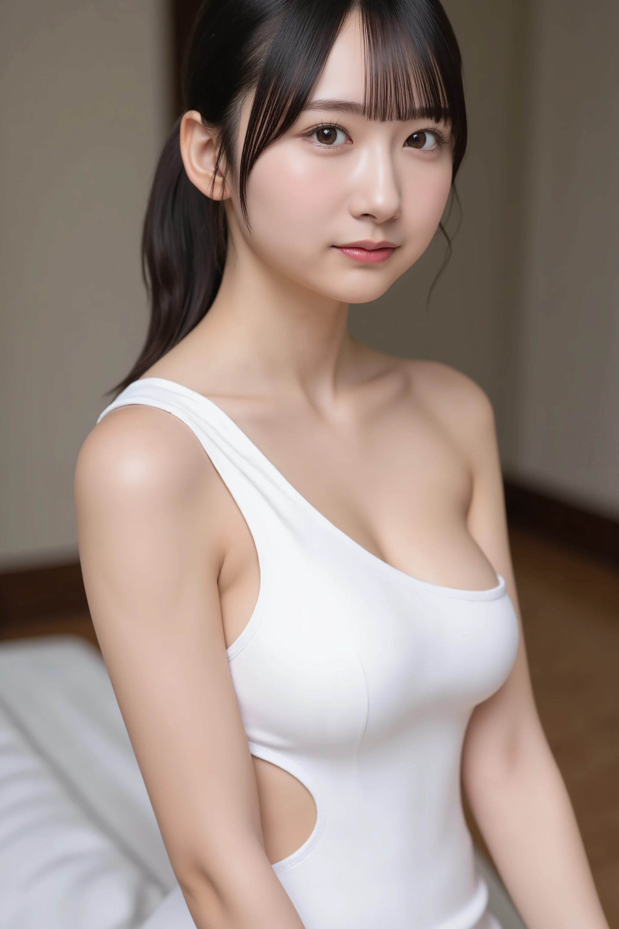 one shoulder cutout bandage dress, white dress, 
This photo is of a beautiful Japanese woman.
The image is in very high resolution. The focus is very sharp, with her face in sharp focus.
Her body has a beautiful curve.
skinny, cleavage,
(((upper body:1.5, profile, close-up face:1.2))),
Her skin is fine-grained and fair.
Her expression is sexy. ((She is facing forward.))
16K, masterpiece, high quality, ultra detailed, photorealistic, simple background, 