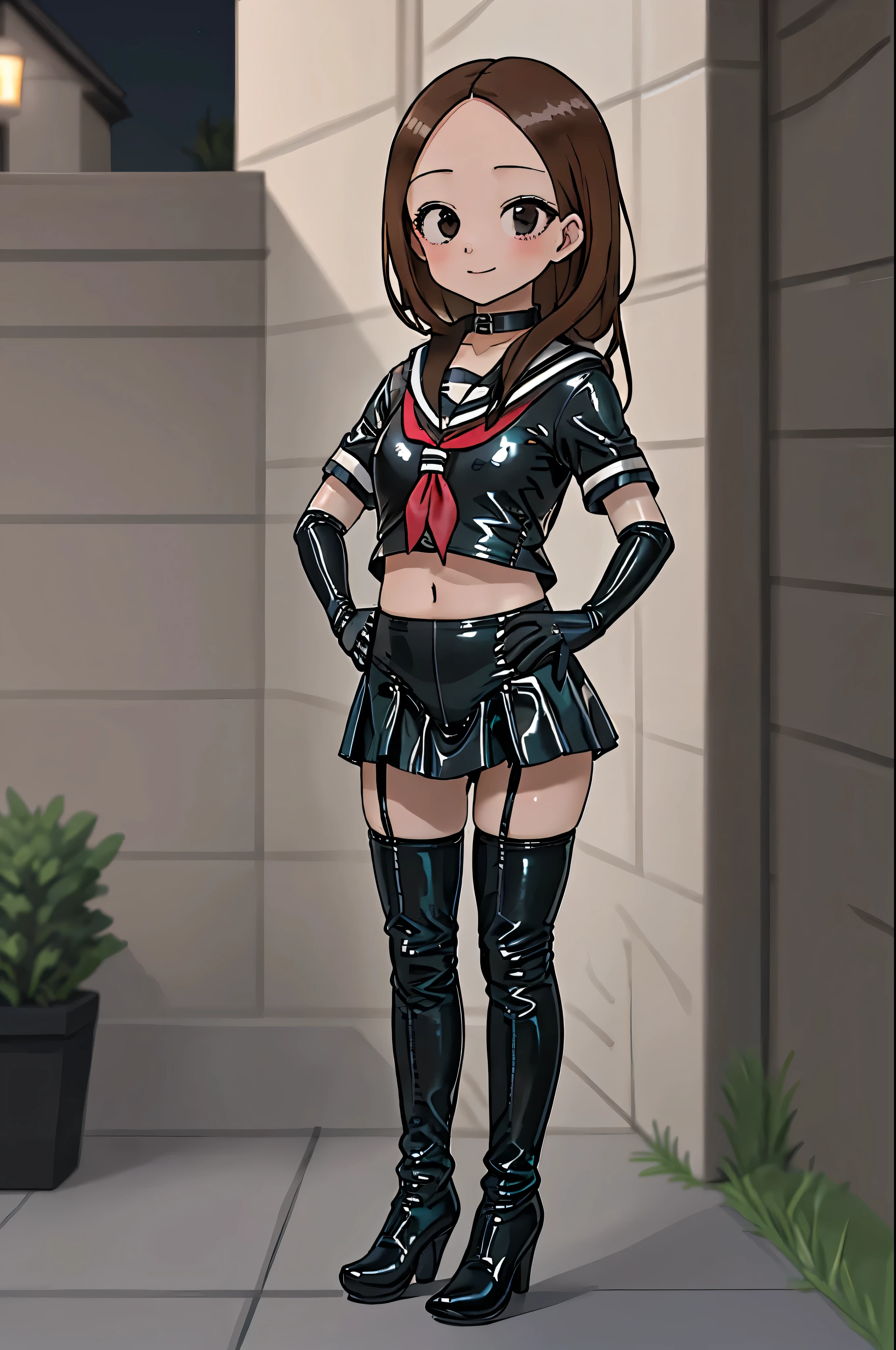 ((()))、(((Baixa estatura)))、((( Children's body type )))、((pernas abertas)))、BDSM、rainha、amante、(((1 pessoa)))、(((only:1.8)))、(((Legs wide open:1.4 )))、(((Black latex short sleeve sailor costume:1.4)))、Red ribbon scarf、(((super black latex mini pleated skirt:1.4)))、(((Black latex high-leg panties:1.4)))、(((Black boots above the knee)))、(((Black rubber stockings:1.2 )))、(((Stiletto heel boots:1.4)))、((( black latex bra )))、(((Red leather collar)))、(((pose sexy:1.4 )))、Pernas bem abertas:1.2、(((erotic)))、(((cowboy shooting)))、close-up、(((put your hands on your hips)))、bonito eyes with highlights、bonito, pele lisa、two perfect anatomical arms、Two perfect anatomical legs、(Four perfect fingers and one thumb)、 Cute Illustrations 、Festivais、Sanctuary at night、long straight brown hair 、sorriso malicioso、 Desprezo、Desprezo、olhar frio、vermelho