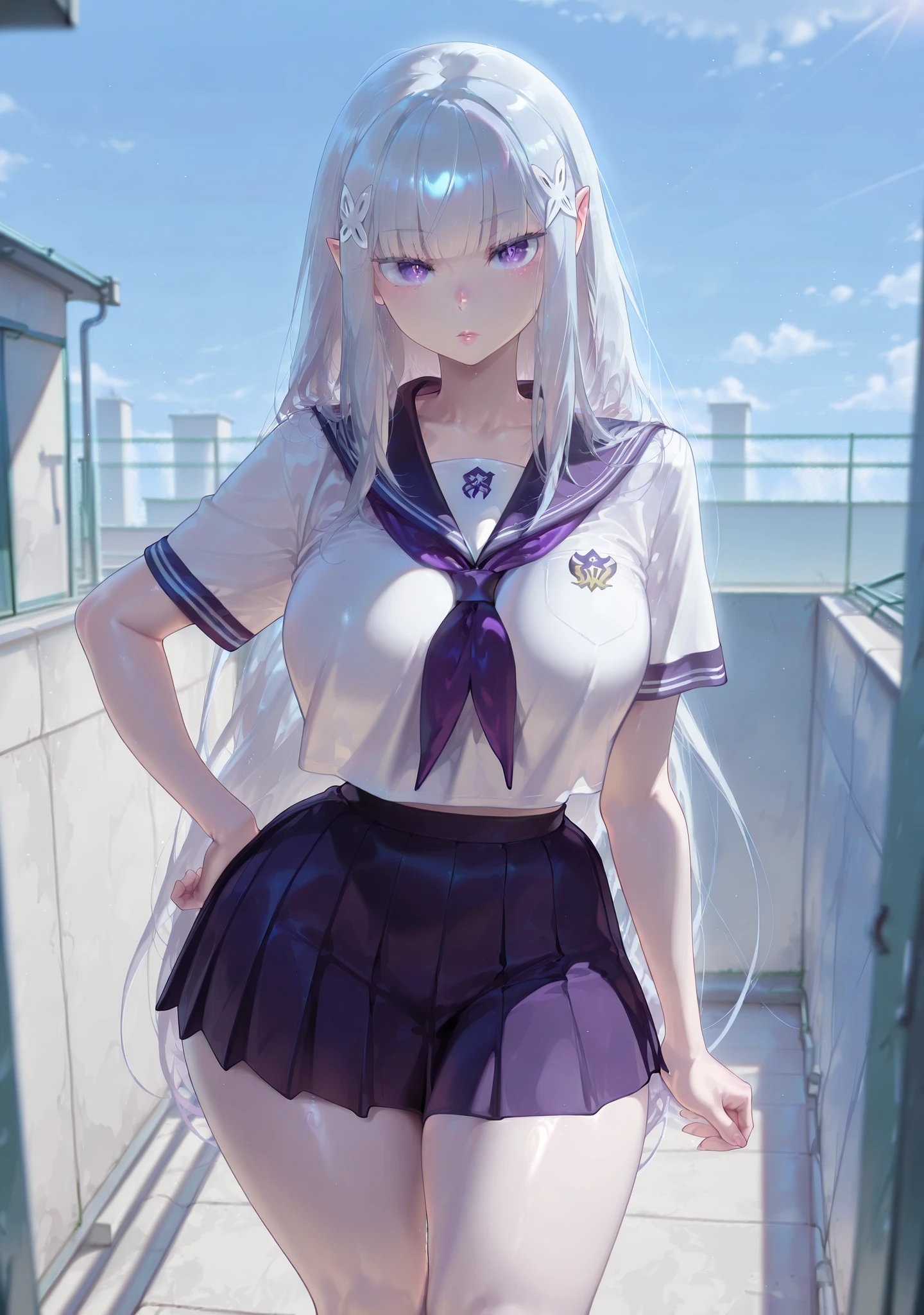 safe_pos, 1girl, Balecxi_Style, Emilia \(Re Zero)\, solo female, school rooftop as a background, day light, standing, big breasts, silver hair, long hair, purple eyes, curvy, thick thighs, long legs, school uniform, mini skirt, bare legs, elf, elf ears, white skin, pointy ears, eyes showing through hair, bored, desinterested expression, lips, one hand on the hip, detailed eyes, looking to the viewer, viewer in front, (masterpiece, best quality, absurdres, highres, very aesthetic, sensitive, high-quality eyes, focus on eyes)