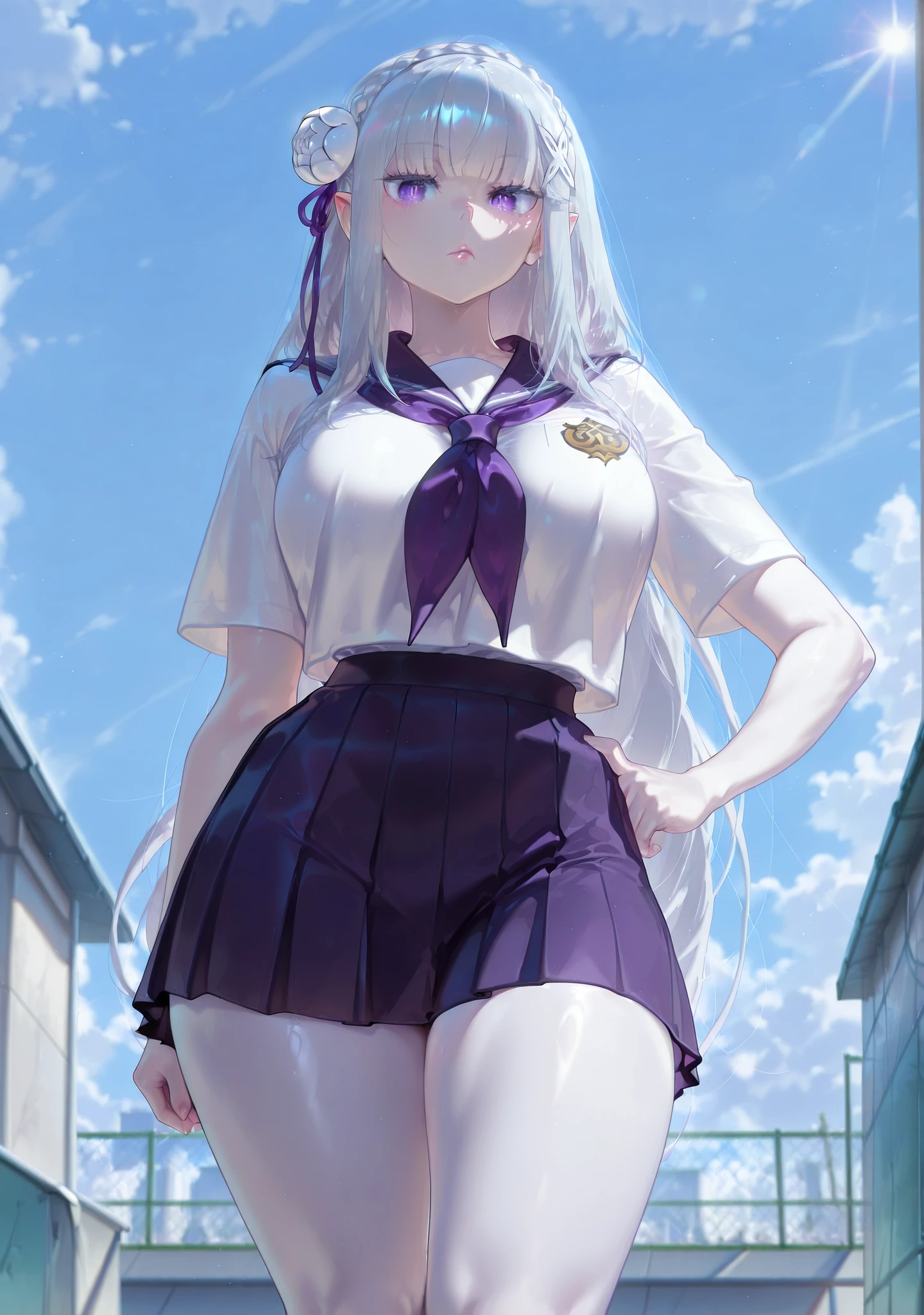 safe_pos, 1girl, Balecxi_Style, Emilia \(Re Zero)\, solo female, school rooftop as a background, day light, standing, big breasts, silver hair, long hair, purple eyes, curvy, thick thighs, long legs, school uniform, mini skirt, bare legs, elf, elf ears, white skin, pointy ears, eyes showing through hair, bored, desinterested expression, lips, one hand on the hip, detailed eyes, looking to the viewer, viewer in front, (masterpiece, best quality, absurdres, highres, very aesthetic, sensitive, high-quality eyes, focus on eyes)