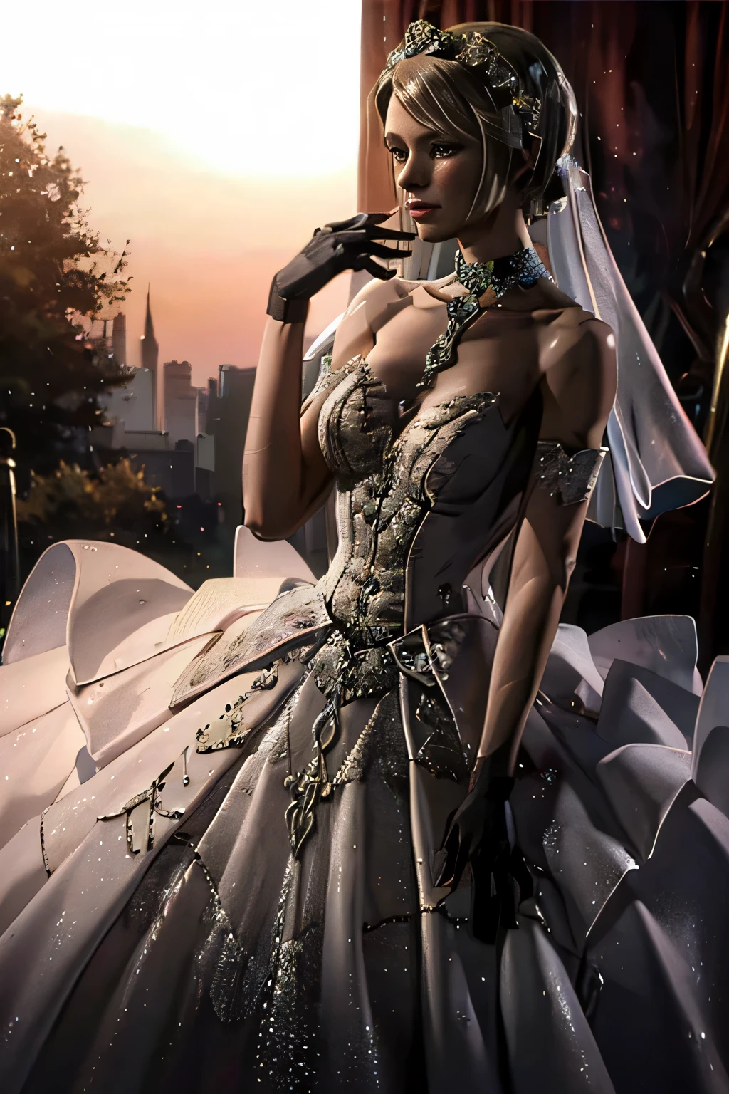 Cassie MK,  hair between eyes, ahoge, blonde hair, star \(symbol\), hair ornament, ruffled tulle dress, cleavage, bare shoulders, collarbone, long black elbow gloves, black gloves, black dress, black choker, strapless, tiara, veil, strapless dress, princess dress, veil, beautiful woman, perfect body, perfect breasts, wearing a princess dress, ball gown, in the park trees, wedding decorations, a warm smile, realism, masterpiece, textured skin, super detail, high detail, high quality, best quality, 1080p, 16k