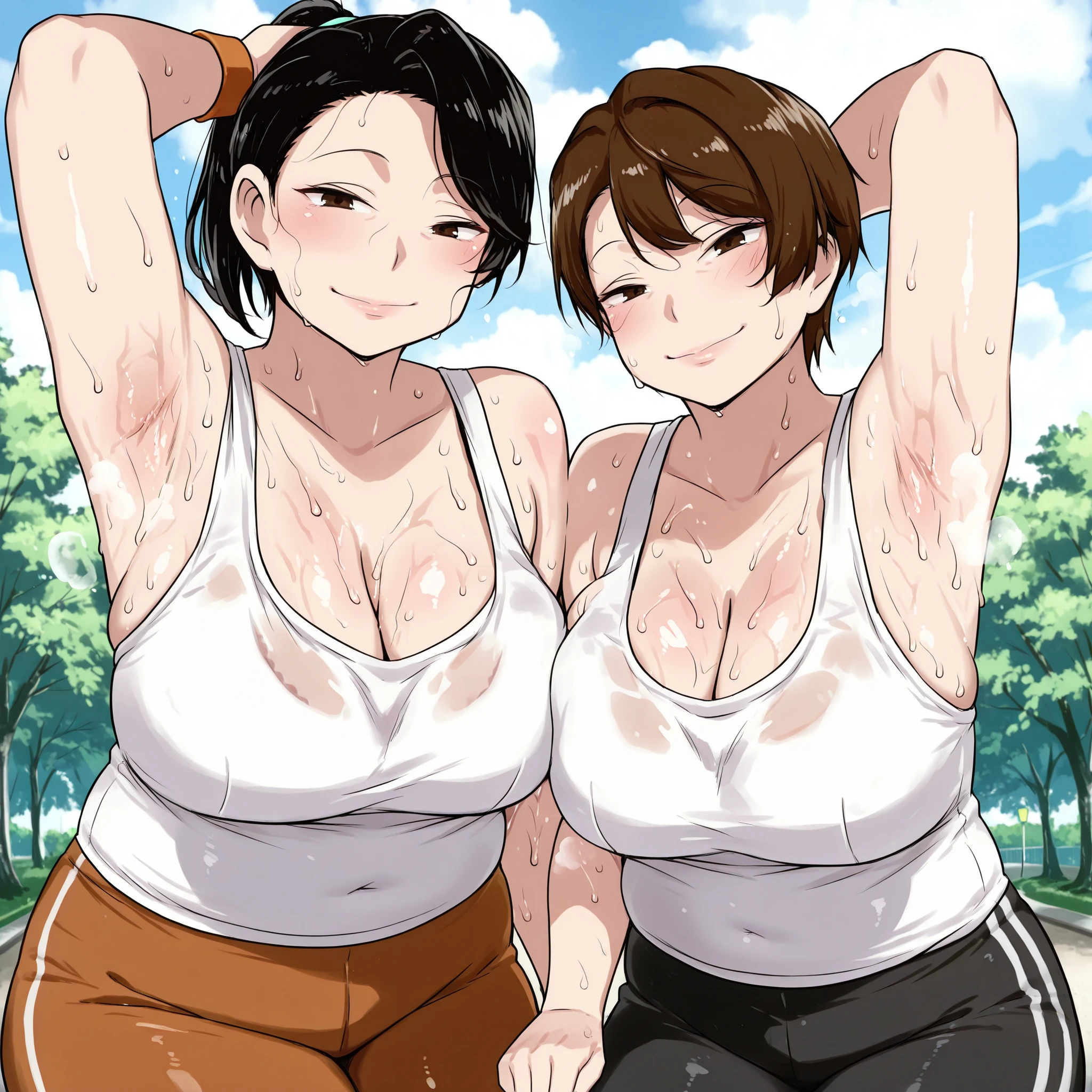 score_9_up , score_8_up , score_7 , masterpiece, Two mature women side by side, watching viewers, mm,mature female, brown eyes,plump,large , black hair ponytail hair and brown short hair, white shirt,sports pants, Summer daytime, in a park where no one else is there, Sweaty skin, cleavage, Sweaty smell, wristband, armpit sweat, Smile, steamyILL, steam, smell,steaming body