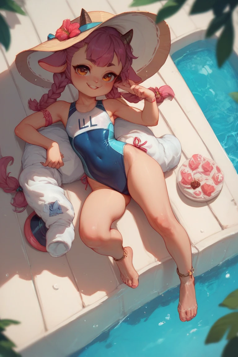 BREAK Perfect Anatomy、(High resolution:1.2)、Incredible illustrations、(Cute illustrations:1.2)、 （Beautiful background（Poolside))
 1girl((multicolored hair,crossed bangs,sideburns,french braid)(heterochromia,pupils sparkling)(eyeliner,faint lips)(tongue out),sheep's horn,tan:1.8) 
1girl((a girl, 1.5meters, 35kg,18 years old female, 
((, sun visor, sandals, pareo),
(Drinking soft serve ice cream float melon soda on a deck chair)
