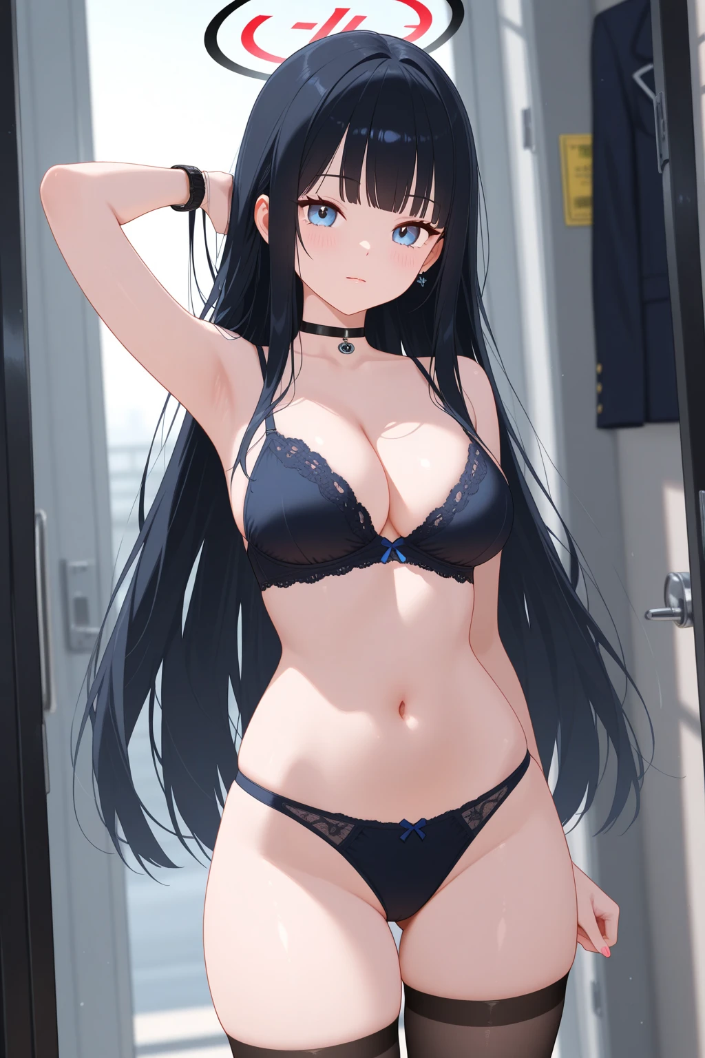 Hinata Hyûga mesure environ 160 centimètres. yeux nacrés ,ses cheveux noirs Raides , coupe avec frange, qui atteignent la longueur de ses épaules, teint pâle , collants noirs, sans vêtements, lingerie rouge.