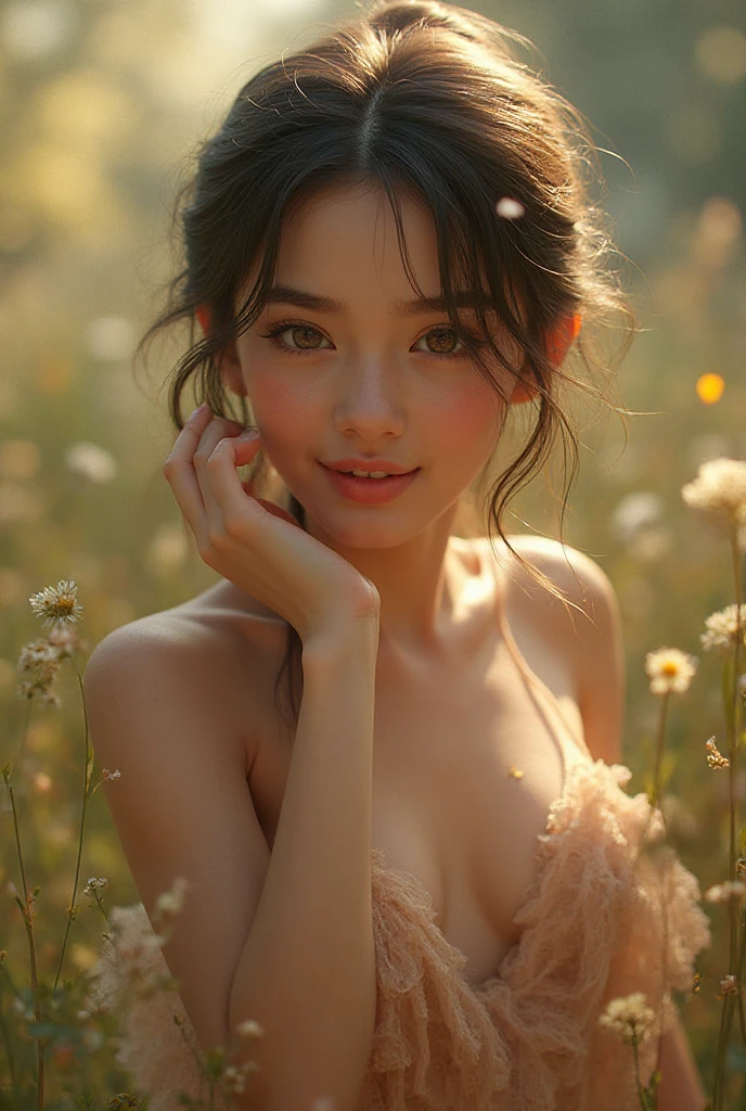 Top quality, RAW Photo, Highest Quality Image, 16K, Full body, Age 18 years old, Realistic, Photorealistic,  Beautiful Asian Girls, , Perfect slender body, White pale skin, Beautiful hair, Wavy hair, Purple Hair,, Short hairstyle, Detailed face, Detailed body, Detailed skin, Double eyelids, Big eyes, long eyelashes, bright eyes, green eyes, natural lips, detailed lips, slender legs, thin waist , small hip, , , Hairy, Pink , Round shape , detailed , Beautiful , Small , Perfect ,  small thighs, posing in flowers field, pink tone light , soft light , smiling, light wind, 