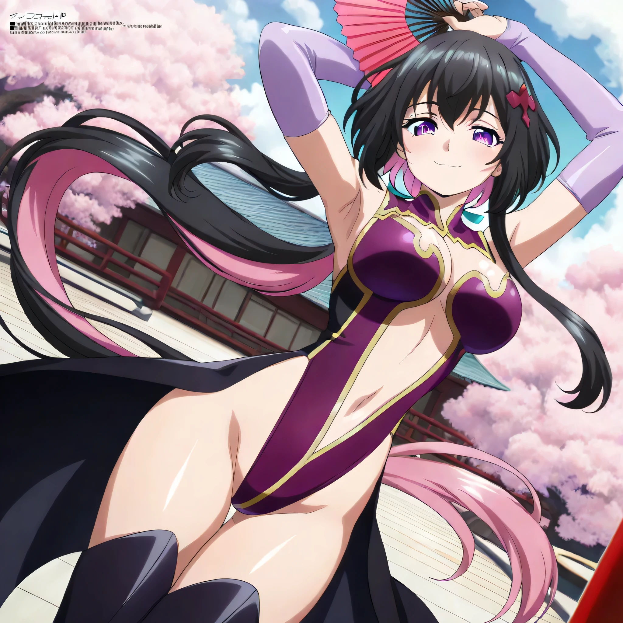 (((Masterpiece))), (((Best Quality))), ((Super Detail)), ultra-High resolution, score_9,score_8_up,score_7_up,score_6_up,score_5_up,score_4_up, BREAK, source_anime, anime screencap, uncensored, Masterpiece, (best shadow), (absurdres), (detailed background), (very aesthetic), detailed beautiful eyes, outstanding, an exquisite animation illustration, curvy, highres, thigh boots, thighhighs, leotard, purple leotard, center opening, high heels, armpit, navel, (((solo, 1girl))), hair ornament,  pose, submissive pose, anime style, anime coloring, animification, megami magazine,  pose, dynamic angle, cinematic angle, dutch angle, large , OnmyoTsukimiya, purple eyes, multicolored hair, black hair, pink hair, very long hair, bob cut, double-parted bangs, long sidelocks, aqua hair ribbon, low ponytail, Tsukimiya, colored_inner_hair, sidelocks, hair_ribbon, jewelry, dancing, dance, holding fan, petal, cherry blossom, wind, windy, flower, smile, looking at viewer, elegant pose, dance pose, japanese architecture, happy, standing, cowboy shot, upper body