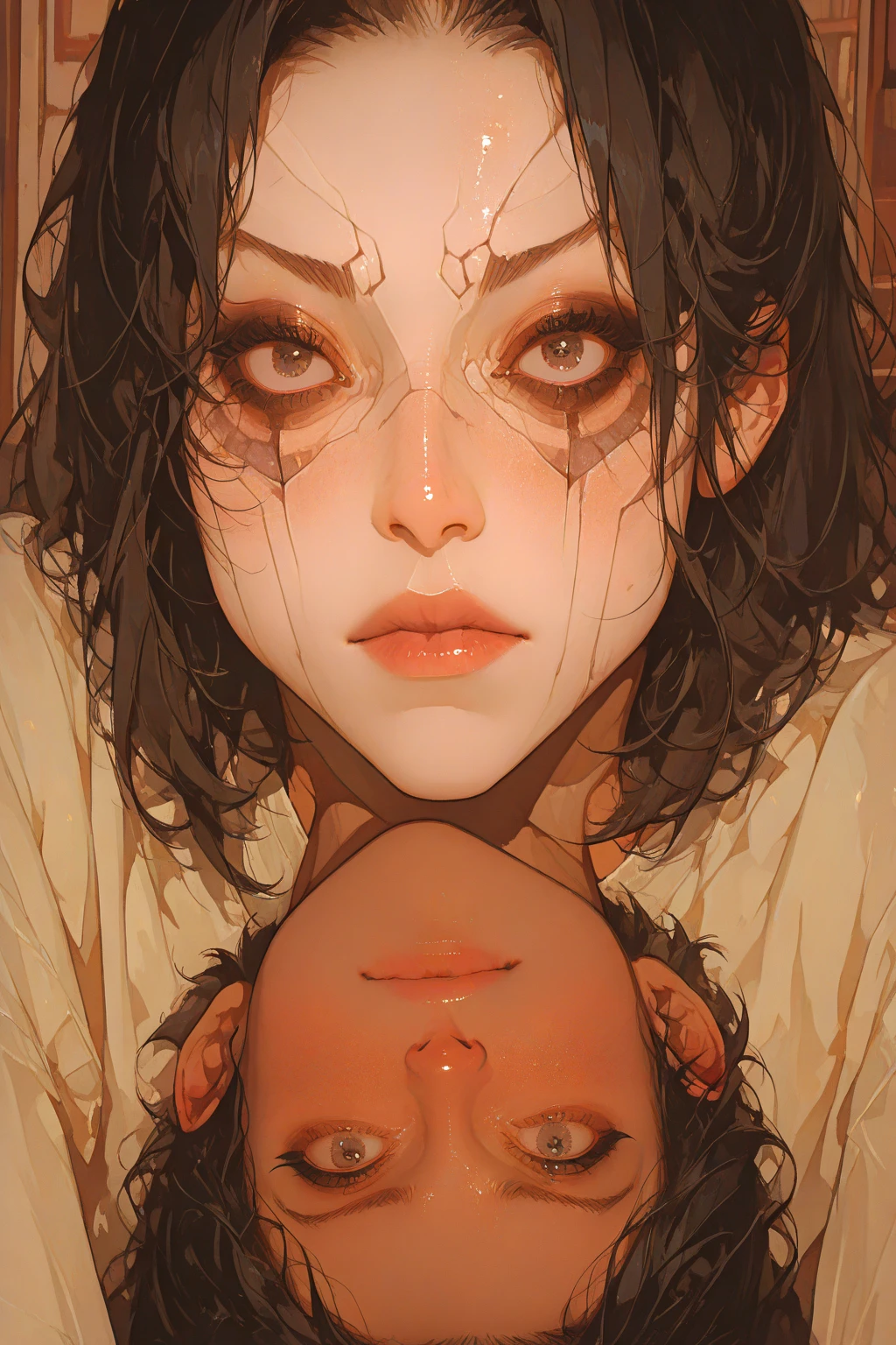 (,(masterpiece), (High resolution), (Very delicate), (masterpiece: 1.2, highest quality), scribble, nightmare, Doll-like face, Manga style, rough sketch, Manga styleイラスト, Japanese painting, whole body,(snap shot), Flat Illustration, Creepy Appearance, Unique atmosphere、A man surrounded by a multitude of insects、Grotesque background、Zombie with glowing eyes behind the girl
