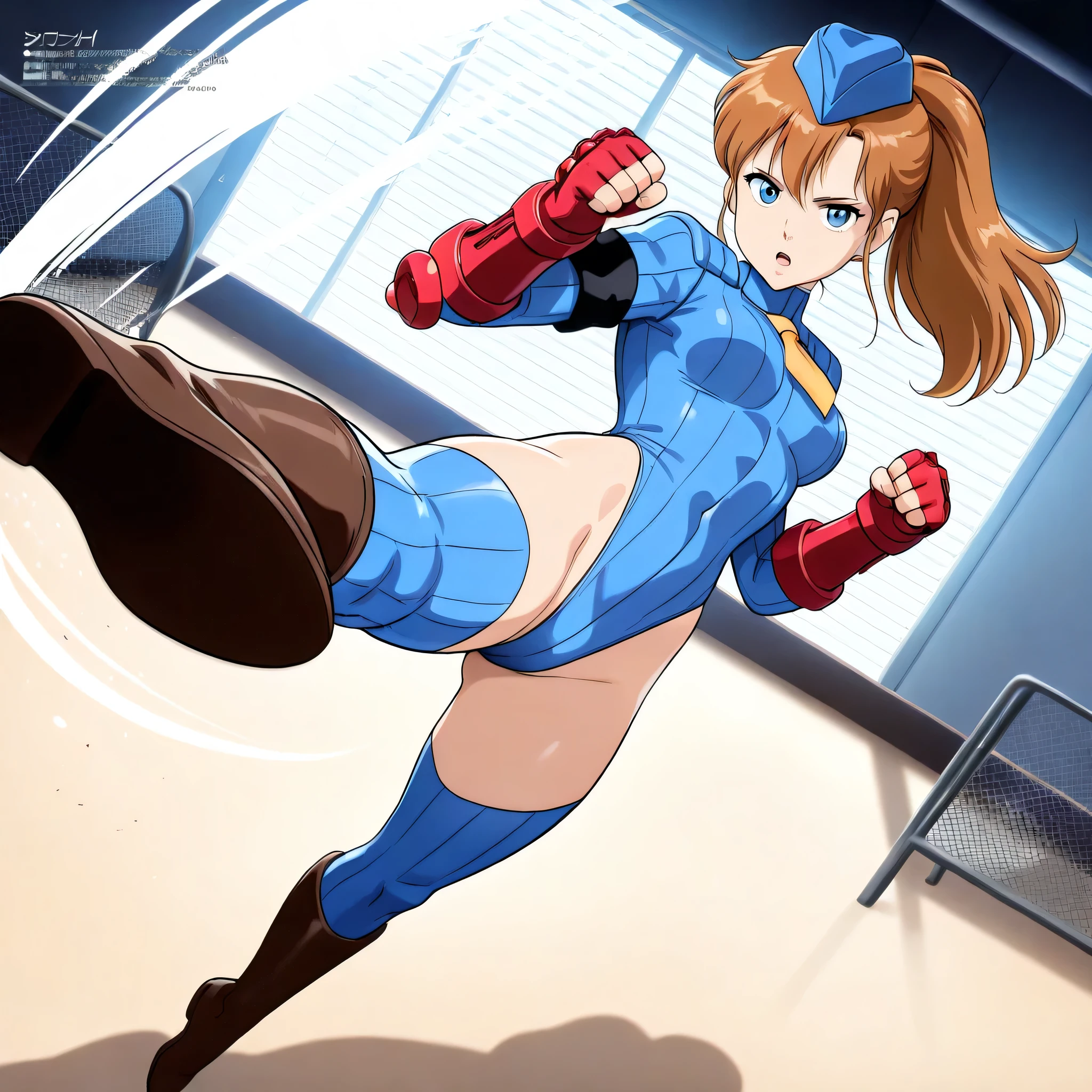 (((Masterpiece))), (((Best Quality))), ((Super Detail)), ultra-High resolution, score_9,score_8_up,score_7_up,score_6_up,score_5_up,score_4_up, BREAK, source_anime, anime screencap, uncensored, Masterpiece, (best shadow), (absurdres), (detailed background), (very aesthetic), shiny, detailed beautiful eyes, outstanding, countershading, detailed soft lighting, an exquisite animation illustration, curvy, shadaloo dolls, red gloves, hat, fingerless gloves, gauntlet, red gauntlet, leotard, cosplay, highleg, highleg leotard, garrison cap, dark persona, ribbed leotard, yellow necktie, (((solo, 1girl))), hair ornament,  pose, submissive pose, anime style, anime coloring, animification, megami magazine,  pose, dynamic angle, cinematic angle, dutch angle, medium , Hikari Kamijo, blue_eyes, dark brown_hair, long_hair, ponytail, 1980s (style), retro artstyle, serious, fighting, fighting stance, dynamic pose, action pose, dynamic angle, cinematic angle, dutch angle, standing, full body, incoming attack, speed line, motion line, foreshortening, attack, (((kicking at viewer, kicking, incoming kick, high kick))), open mouth, indoor