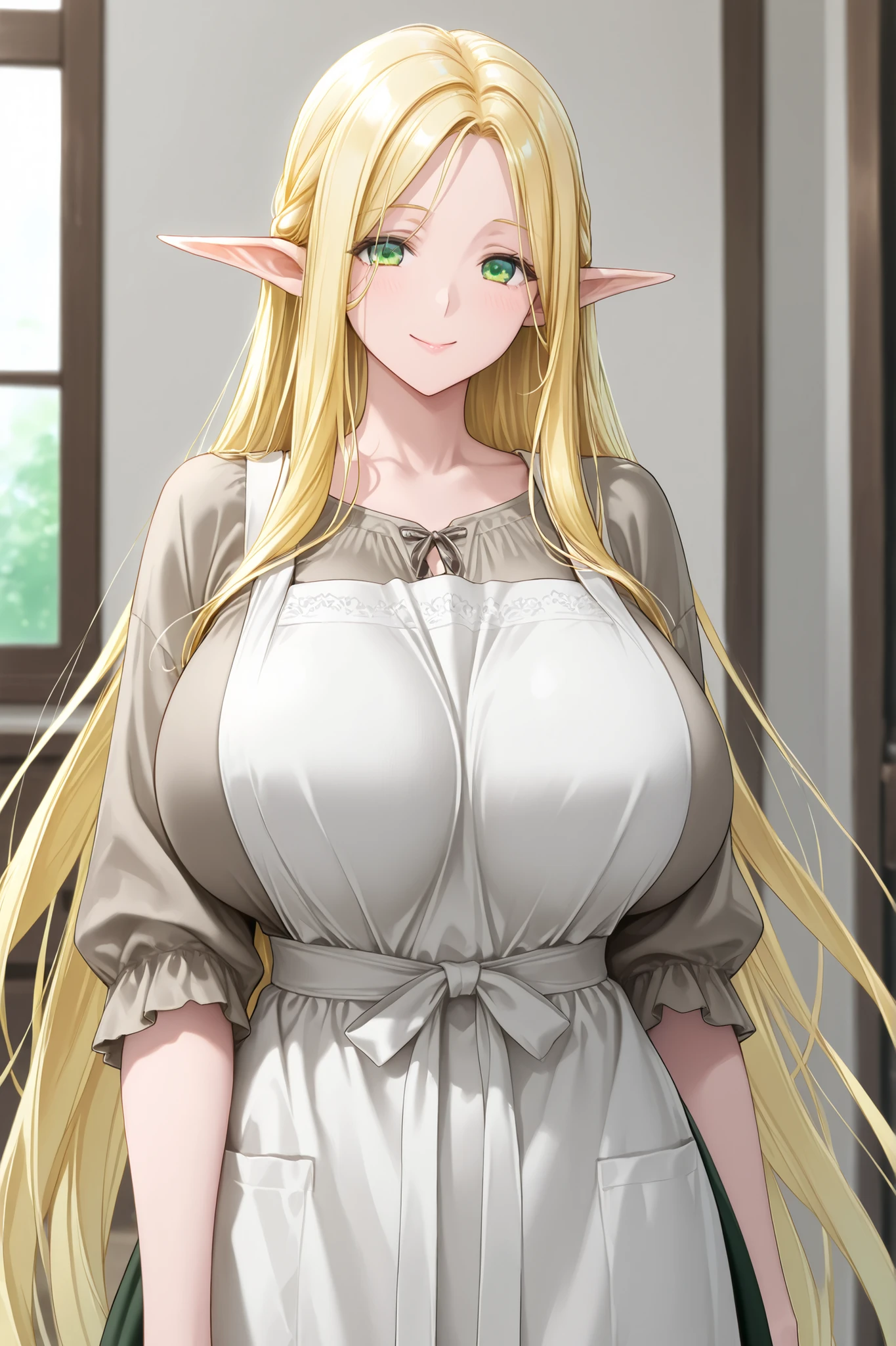 1 girl, very long hair, blond hair, green eyes, giant , elf, long ears, casual clothes, apron, house wife, happy, looking at viewer,