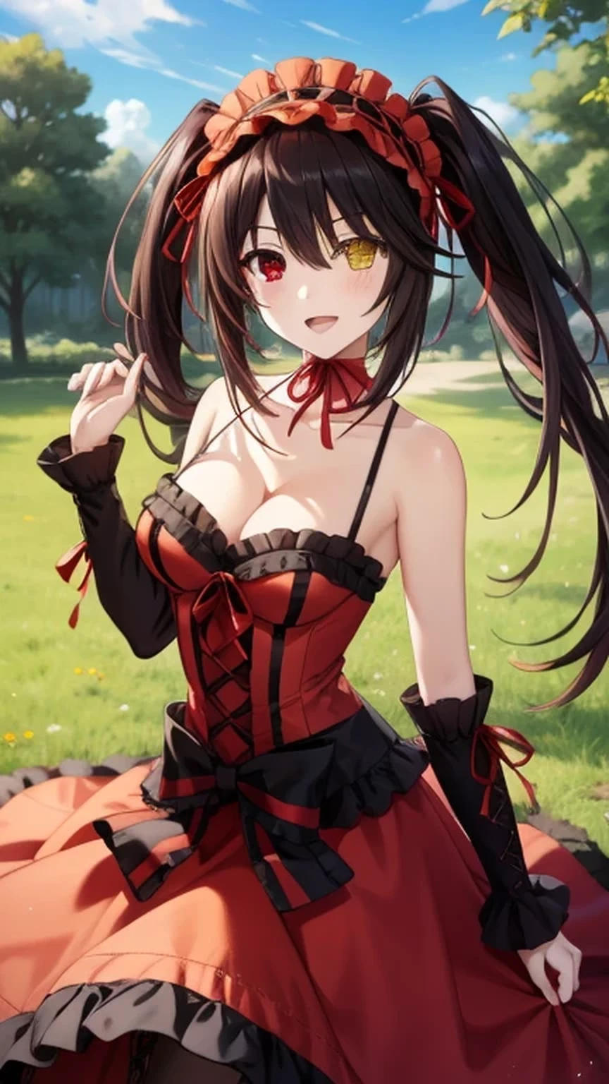 {{{masterpiece}}}, (best quality:1.5), (ultra-detailed:1.5), {illustration}, {{an extremely delicate and beautiful}}, (beautiful detailed eyes:1.5), absurdres, highres, extremely detailed face, 16k, hd, visual anime de uma jovem mulher, extremamente bonito rosto de anime, anime melhor garota, (perfect hands, perfect anatomy), anime face, kurumi tokisaki(Date A Live), kurumi, One girl, cute face, long hair, black hair, sidelocks, (twintails:1.5), uneven Twin tails, (red eyes:1.3), (yellow eyes:1.3), (heterochromia:1.5), (High resolution eyes, Beautiful eyes, Light in the eyes), medium breasts, thin waist, big hips, curvaceous, BREAK, red Headdress, dress, frilled dress, astral dress, (red dress:1.5), red bustier, bare shoulders, collarbone, chest, black choker, detached sleeves, black sleeves, red ruffle skirt, (very long skirt:1.3), black petticoat, Bustle Skirt, black overskirt, waist ribbon(red ribbon), black pantyhose, boots, Cross-laced shoes, knee boots, lace-up boots, BREAK, sorriso alegre, open mouth, visual anime de uma jovem mulher, extremamente bonito rosto de anime, anime melhor garota, outdoor, sky, daytime, forest, field
