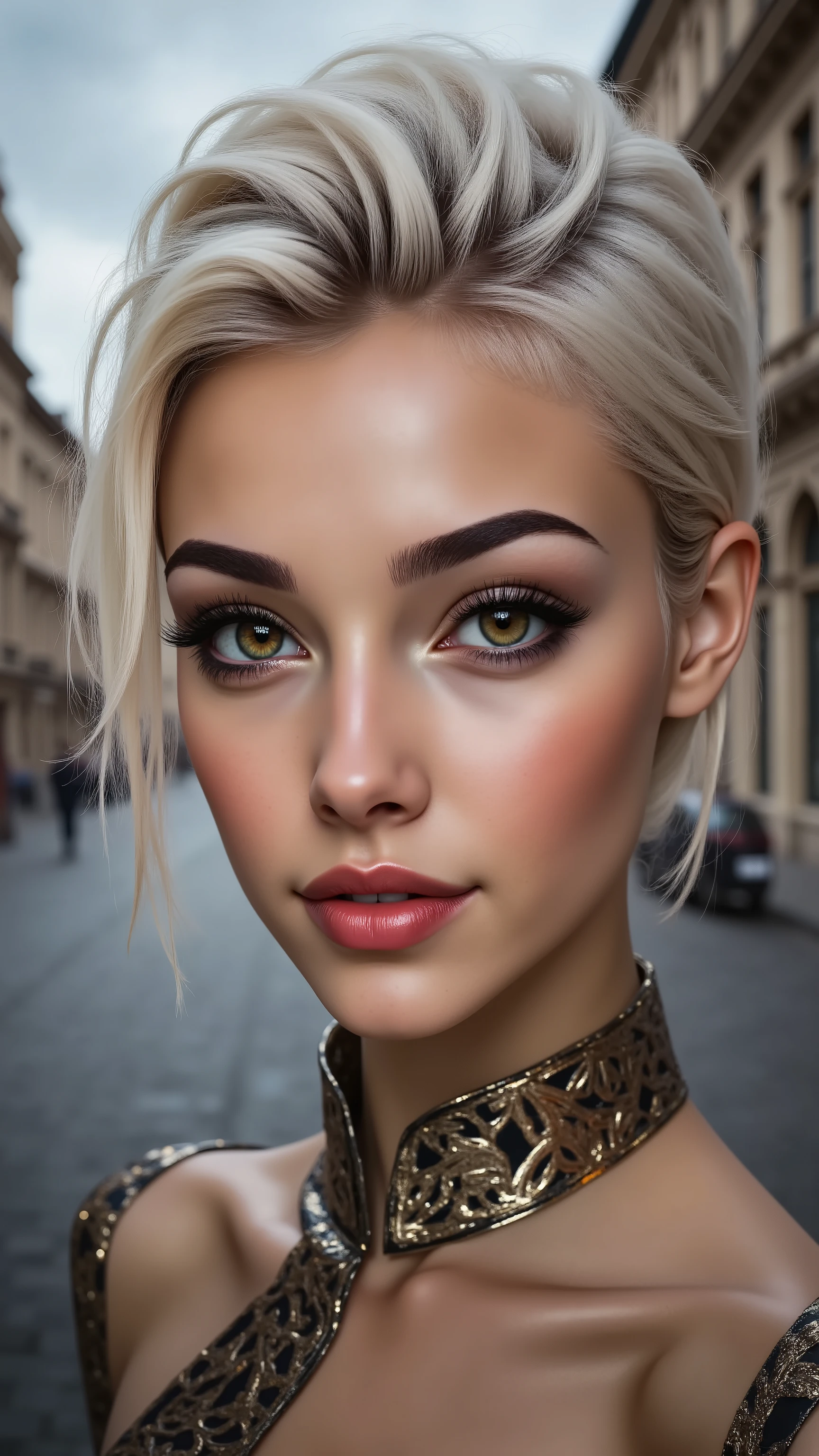 Ultra-realistic (photorealistic Realism) , "UHD, Hyper high resolution" - "(intricately ultra-detailed digital art)" (Key Directive: - "The priority is the anatomical accuracy and texture of the materials" - "Ultra-sharp human eyes with biological accuracy") (realistic texture details: velvety skin, hair), "Eyes:(acid-resistant terminology) (macro-details:1.5): * Moist corneal surface (visible aqueous layer:1.2) * Hyper-detailed iris stroma (brown with gold flecks) * Precise limbal ring (slightly darker pigmentation:1.1) * Pupil micro-texture (irregular edge authenticity:0.9) * Vasculature in sclera (subtle red veins radiating from limbus)" - "Lashes: blue individual synthetic fibers (crosshatched roots:1.2, clump-free separation)", ((Intricately detailed (lace-up) pleated modest BDSM, transparent PVC  costume:1.3)), (Style your hair, short hair,  curls at the ends of the hair, hair above one eye,(short WHiTE, combed to the side)), (long skirt)、street, European Buildings，Slate pavement，(Shining, mesmerizing, Vibrant eyes:1.2), (perfect dark eyeshadows), detailed lips:1.3, (glossy red lipstick:1.3), (pink makeup:1.28), (beautiful little nose), (perfect proportions:1.2),(small head),(anatomically correct), perfect female body, firm and full breasts, (Super beautiful), (vivid and colorful), The attention to detail, focus of girl, dynamic pose, sexy and seductive, flirty smile, dslr, high quality split lighting, sharp focus captured by Fujifilm XT3, f 5.6, in a dramatic lighting, (perfect composition),