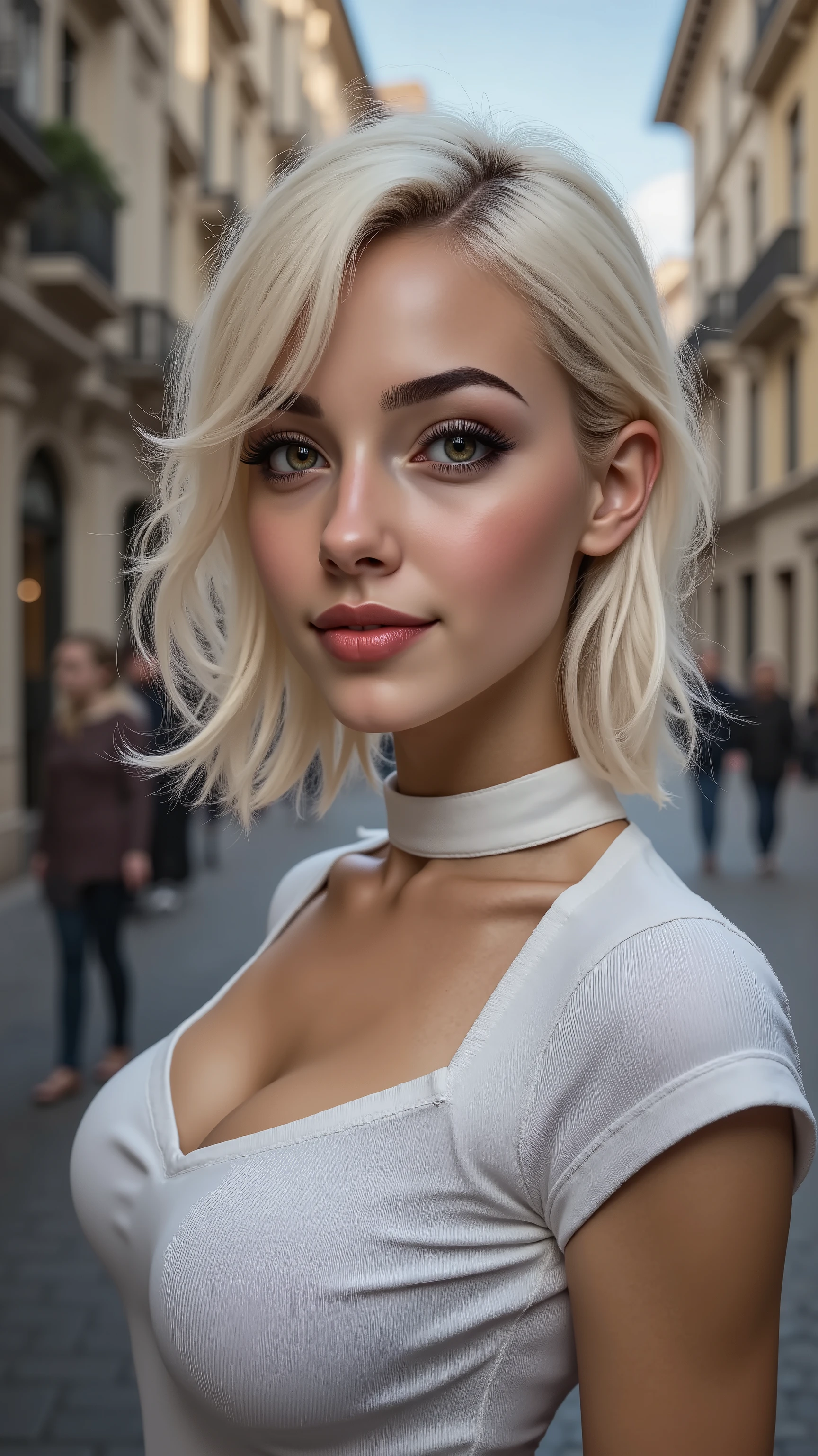 Ultra-realistic (photorealistic Realism) , "UHD, Hyper high resolution" - "(intricately ultra-detailed digital art)" (Key Directive: - "The priority is the anatomical accuracy and texture of the materials" - "Ultra-sharp human eyes with biological accuracy") (realistic texture details: velvety skin, hair), "Eyes:(acid-resistant terminology) (macro-details:1.5): * Moist corneal surface (visible aqueous layer:1.2) * Hyper-detailed iris stroma (brown with gold flecks) * Precise limbal ring (slightly darker pigmentation:1.1) * Pupil micro-texture (irregular edge authenticity:0.9) * Vasculature in sclera (subtle red veins radiating from limbus)" - "Lashes: blue individual synthetic fibers (crosshatched roots:1.2, clump-free separation)", ((Intricately detailed (lace-up) pleated modest BDSM, transparent PVC  costume:1.3)), (Style your hair, short hair,  curls at the ends of the hair, hair above one eye,(short WHiTE, combed to the side)), (long skirt)、street, European Buildings，Slate pavement，(Shining, mesmerizing, Vibrant eyes:1.2), (perfect dark eyeshadows), detailed lips:1.3, (glossy red lipstick:1.3), (pink makeup:1.28), (beautiful little nose), (perfect proportions:1.2),(small head),(anatomically correct), perfect female body, firm and full breasts, (Super beautiful), (vivid and colorful), The attention to detail, focus of girl, dynamic pose, sexy and seductive, flirty smile, dslr, high quality split lighting, sharp focus captured by Fujifilm XT3, f 5.6, in a dramatic lighting, (perfect composition),