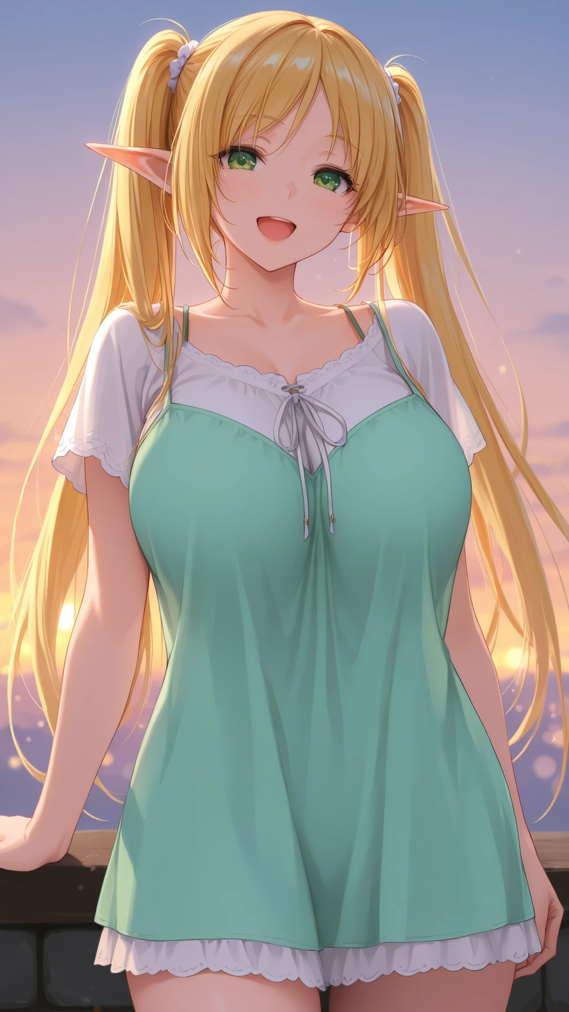 1 girl, long hair, twintails, , elf, long ears, happy, casual clothes