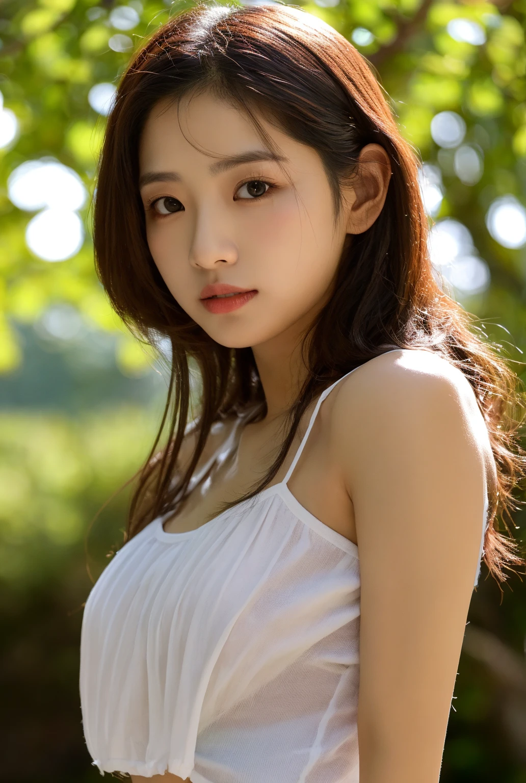 an ultra hot girl from NetherlAds, long (waist length hair :1.2) Combed chestnut hair, ((macro lens)), full body waist up pose , upper knees pose , bright atmosphere, ((concentrated on the eyes)), Women's expressions, The image looks straight into the camera, sexy alluring , Brown eyes, expose cleavage ,photography