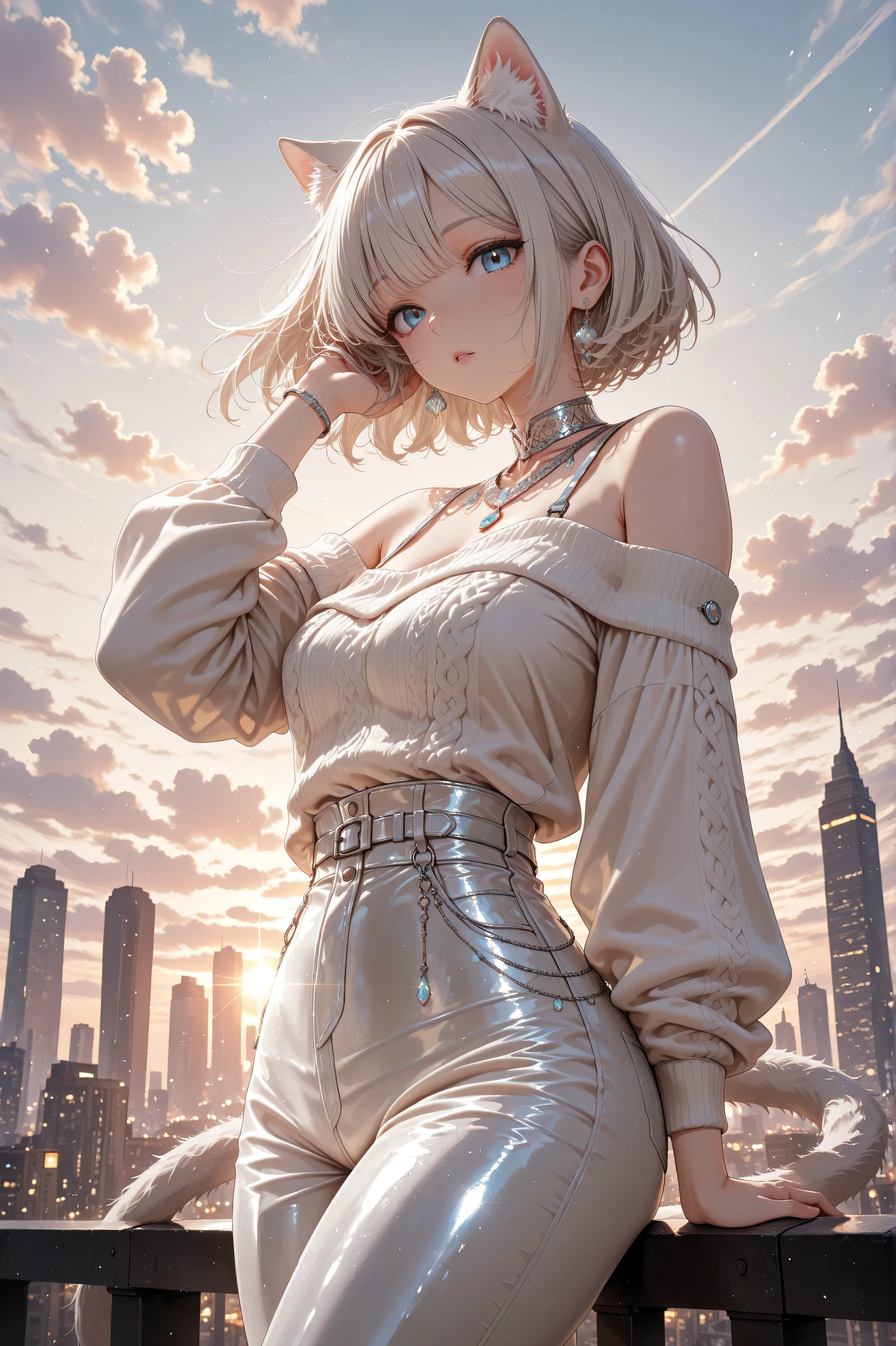 1girl, modern white gal cat girl with platinum blonde bob hair, gray cat ears and tail, wearing off-shoulder knit top and high-waist pants, silver accessories, city sunset background, cinematic lighting, wind blowing her hair, anime style, masterpiece