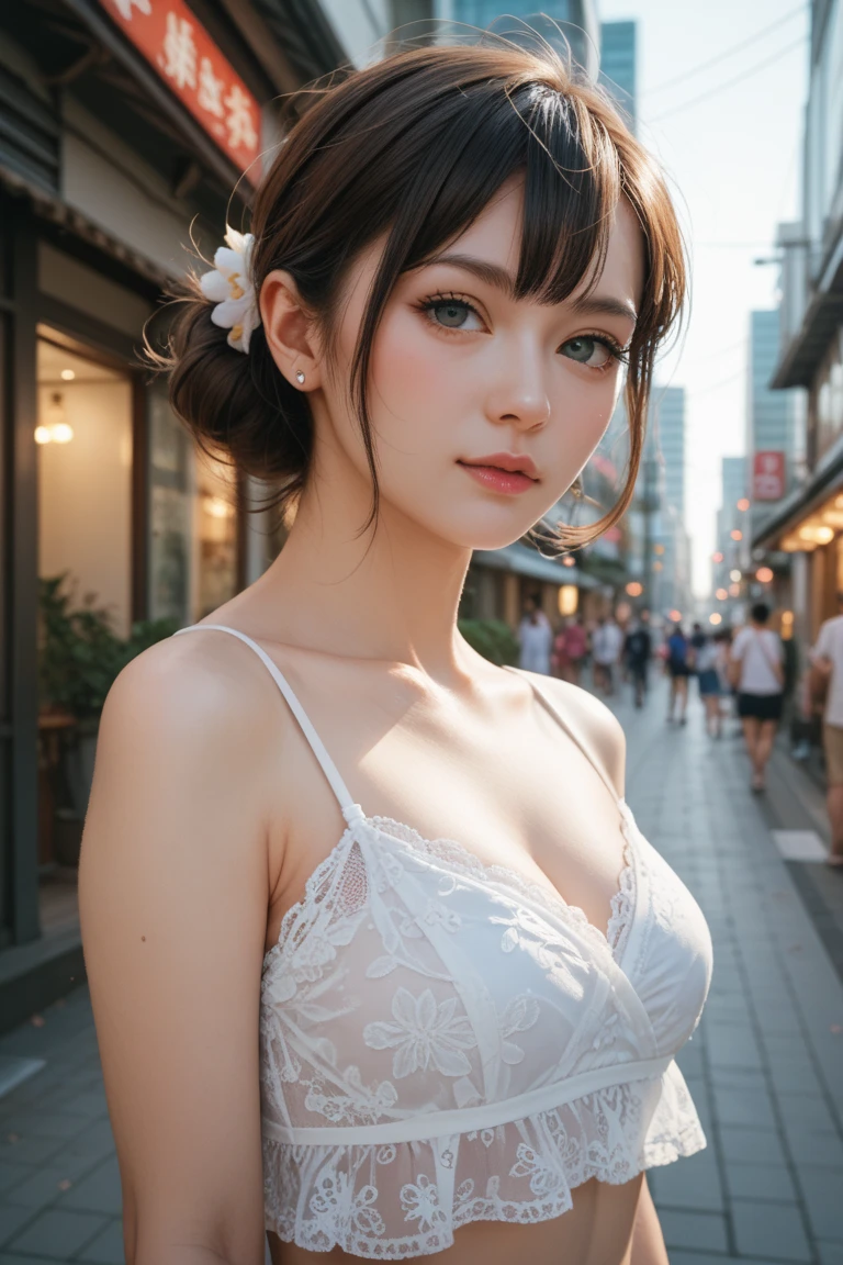 （（best qualtiy））， （（tmasterpiece））， （detail：1.4）， Beautiful cyberpunk female images，hdr（HighDynamicRange），Ray traching，NVIDIA RTX，Hyper-Resolution，illusory 5，sub surface scattering，PBR textures，post-proces，Anisotropy Filtering，depth of fieldaximum definition and sharpnesany-Layer Textures，Albedo e mapas Speculares，Surface coloring，Mitsu-Accurate simulation of material interactions，perfectly proportioned，rendering by octane，Two-colored light，largeaperture，Low ISO，White balance，Rule three points、16K raw data、Beautiful bright blue pupils，off-the-shoulder clothes，Fine pupils，Delicate face and eyes，Blushlush，Delicate and fluffy hair，pink lip，Pure，Cute face，Sweet girl，Artistic sense，Casual wear，Advancedsense，butterflys，Cherry blossom petal，Beautiful hair accessories，Long hair and waist，Hair fluttering in the wind，curlies，Positive light，The light from the back window is backlighted,Are thin,Slim figure,Shoulders exposed skin,The belly button and the surrounding area are exposed skin.,Small ???????,Small ???????,Flat ?????,Small Bust,Small waist,Small ????,Thin legs,Don't push your ???? backwards,Turn your whole body forward,Stand and pose so that your belly button is visible,17 year old Korean beauty,Being in a student-like place,The outfit has a light pink color,The costume is made of thin pieces of cotton fabric.,The ????????? is a light pink string ?????? top and bottom,The hair is light brown in color,The pelvis is narrow,The ???? is very small,The legs are very thin,No makeup,no makeup,no lips,Don't wear lipstick,The face is ????,She's naturally beautiful even without makeup,A face that gives a youthful impression for his age,don't show your ????,Turn your belly,Turn around,