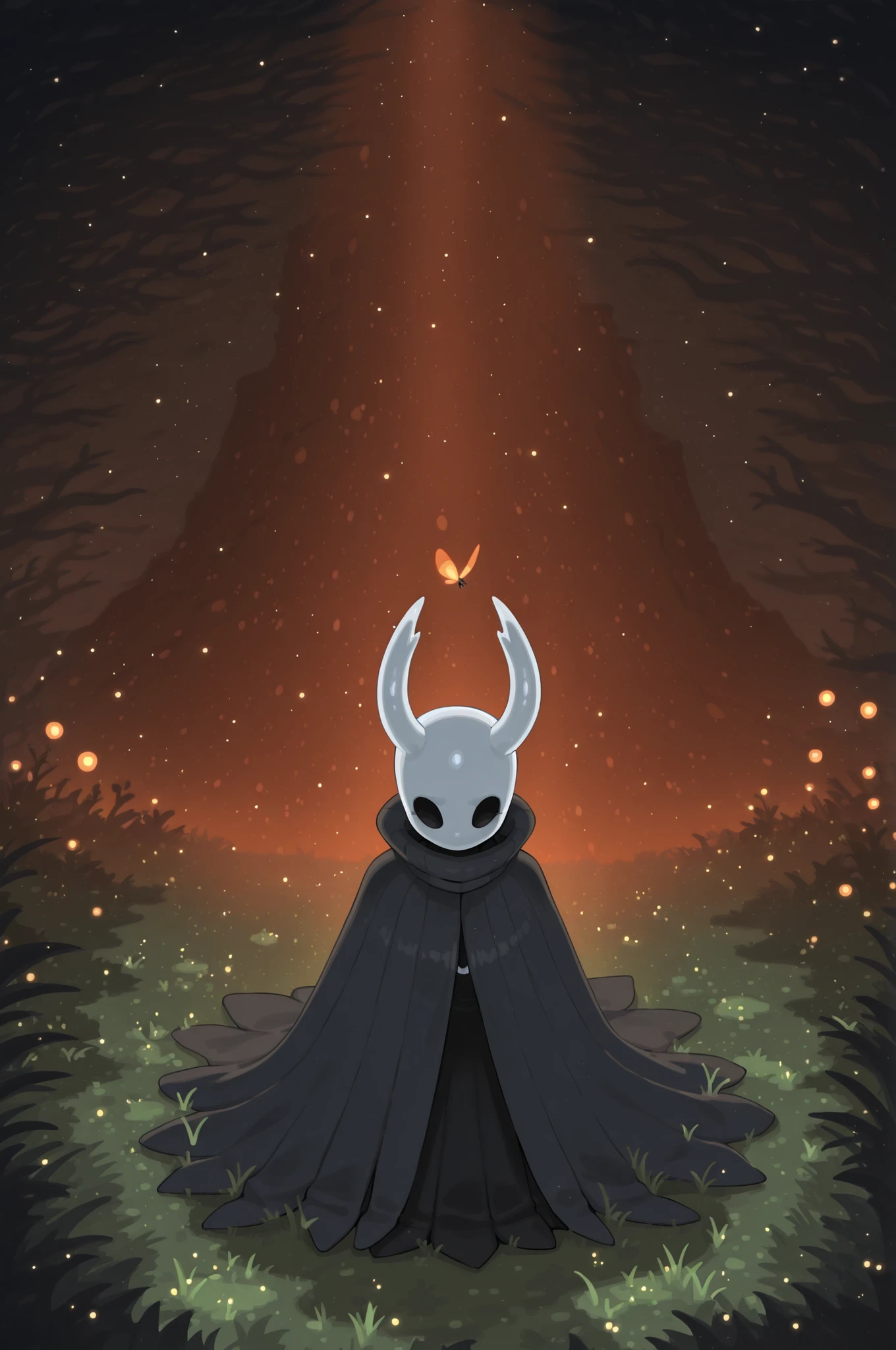 Kurzgesagt,solo, hornet \(hollow knight\), dark cave, moss, ambient firefly, orange light, fog, flat colors, no lineart, by Kisaragi Kaya