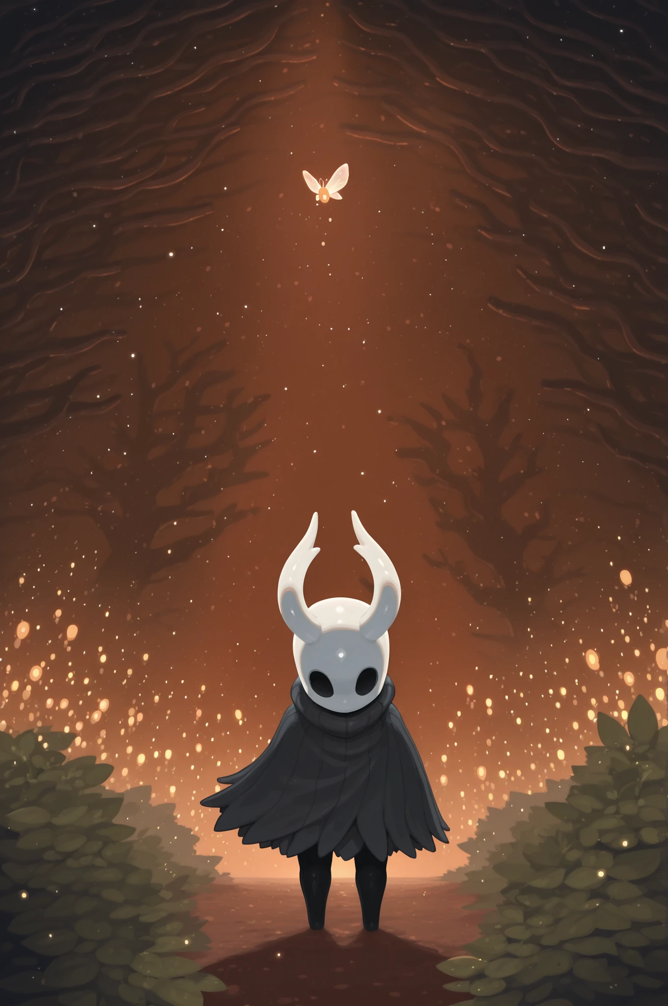 Kurzgesagt,solo, hornet \(hollow knight\), dark cave, moss, ambient firefly, orange light, fog, flat colors, no lineart, by Kisaragi Kaya