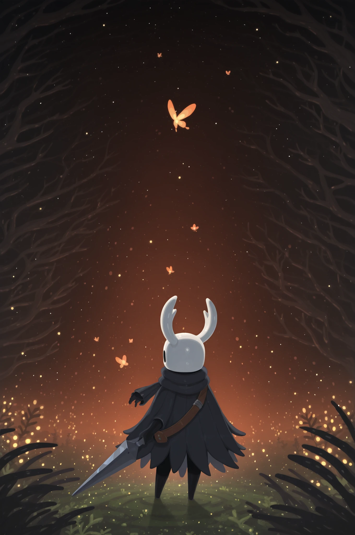 Kurzgesagt,solo, hornet \(hollow knight\), dark cave, moss, ambient firefly, orange light, fog, flat colors, no lineart, by Kisaragi Kaya