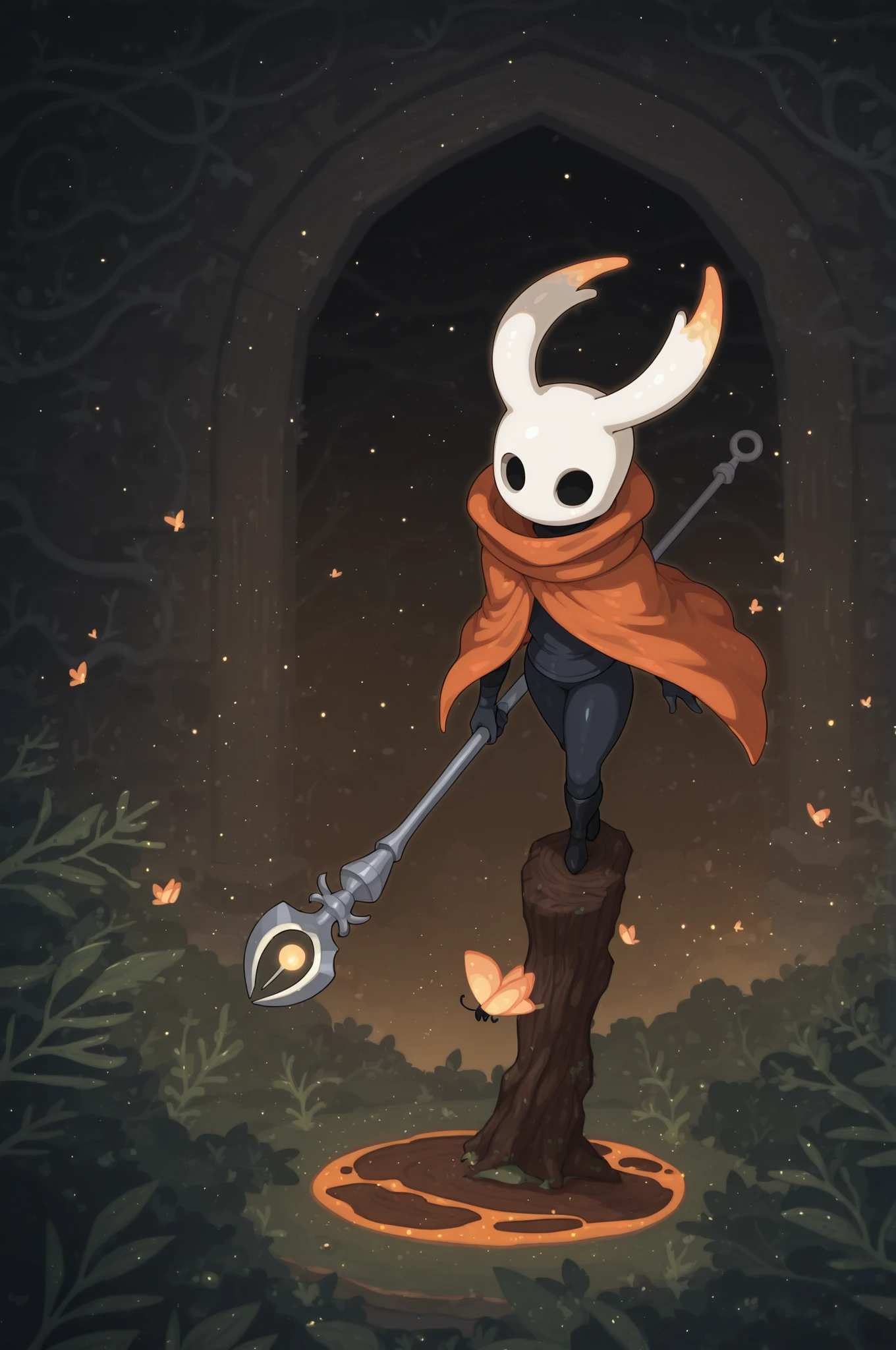 Kurzgesagt,solo, hornet \(hollow knight\), dark cave, moss, ambient firefly, orange light, fog, flat colors, no lineart, by Kisaragi Kaya