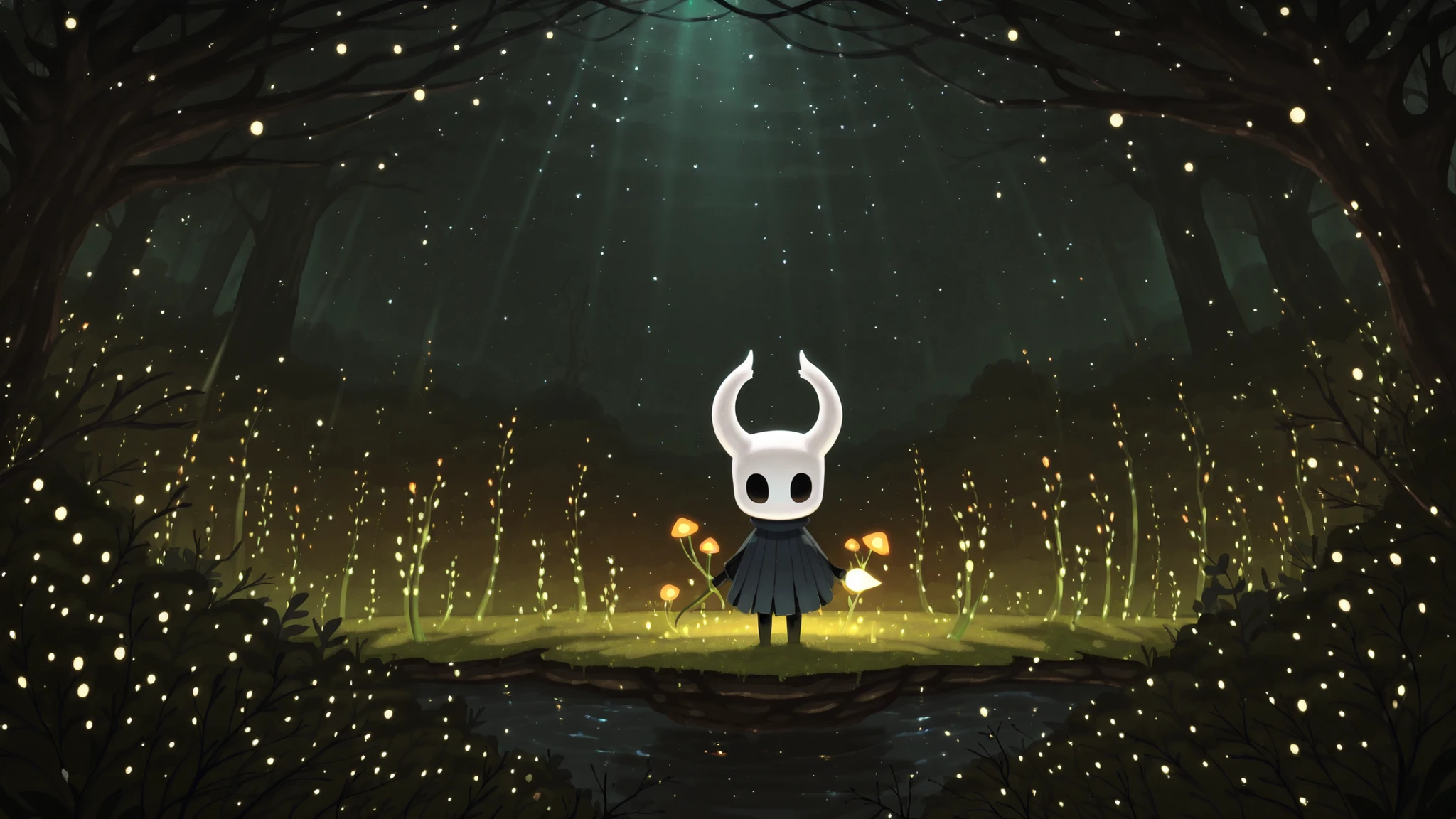 Kurzgesagt,solo, hornet \(hollow knight Silksong\), dark cave, moss, ambient firefly, orange light, fog, flat colors, no lineart, by Kisaragi Kaya