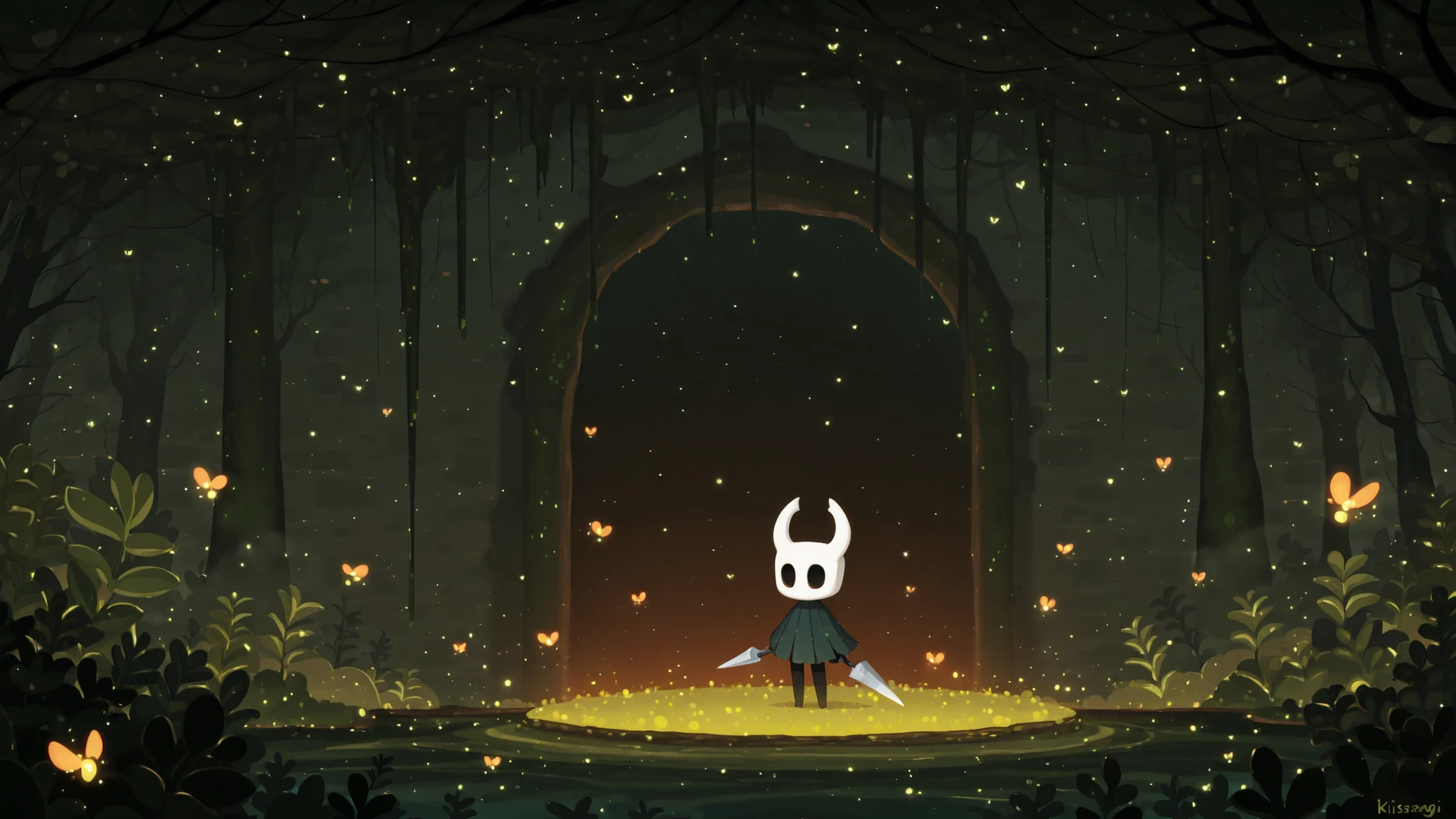 Kurzgesagt,solo, hornet \(hollow knight Silksong\), dark cave, moss, ambient firefly, orange light, fog, flat colors, no lineart, by Kisaragi Kaya