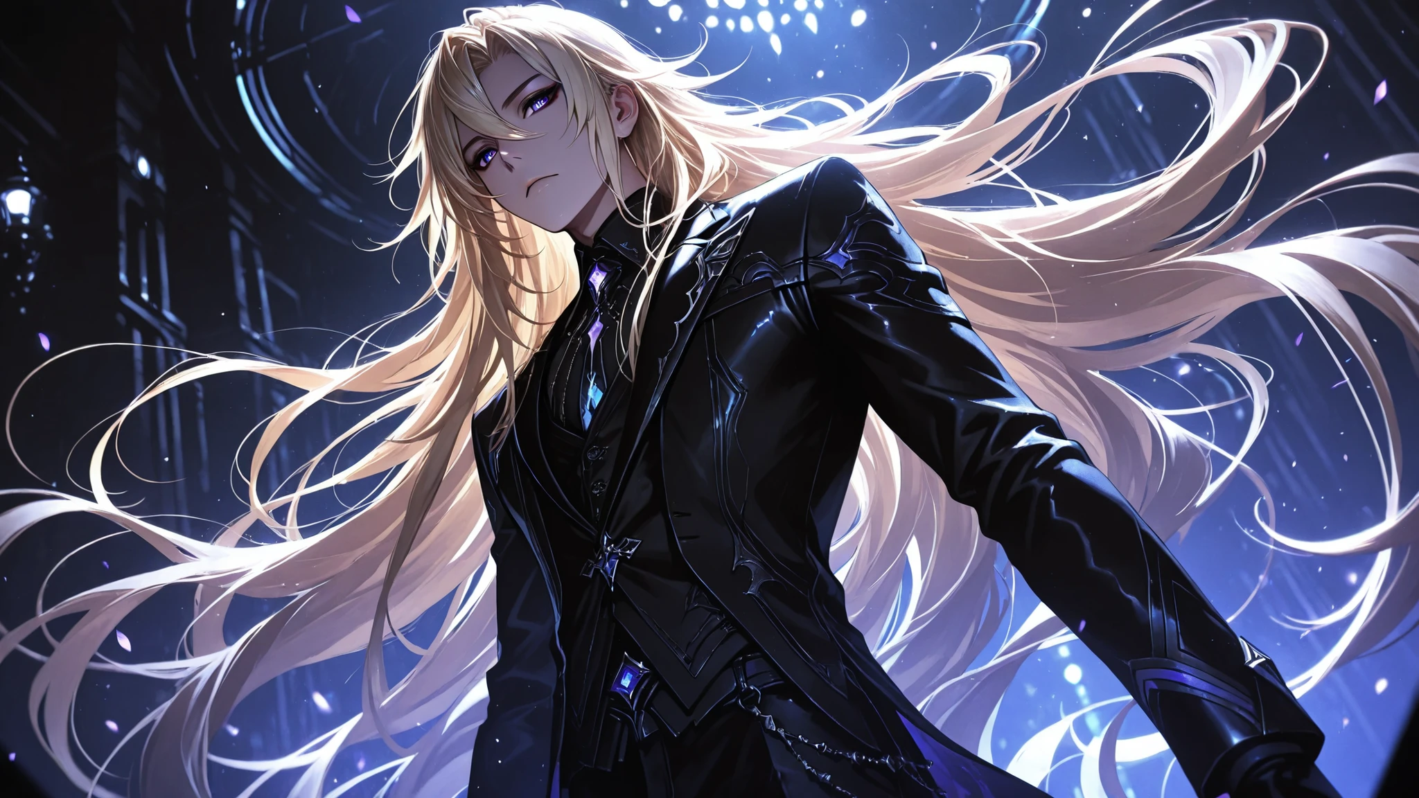 1boy,male, solo, very long hair, blonde hair, violet eyes, eyeliner,dark suit, dynamic angle, side lighting, shiny skin, detailed eyes, detailed face, cinematic lighting,semi-realism,masterpiece, best quality,absurdres