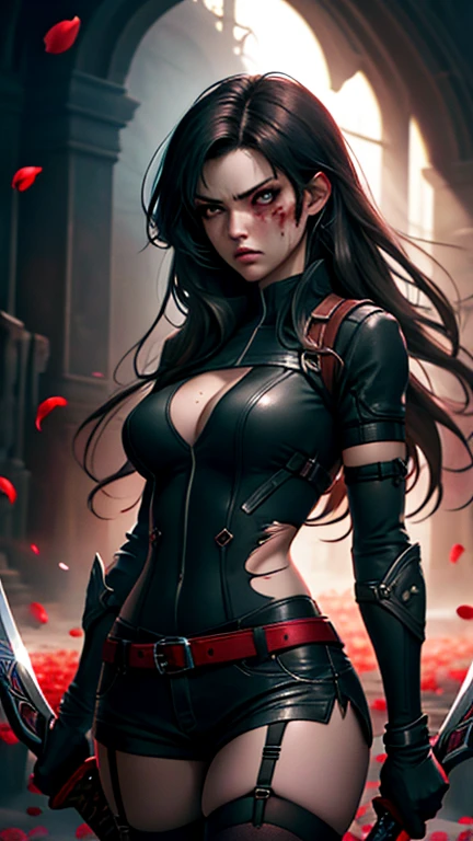 Bayonetta ???????????, black hair, slutty girl with guns, cleavage. highly detailed clothes. Sci fi art. Relaxing. Masterpiece 
