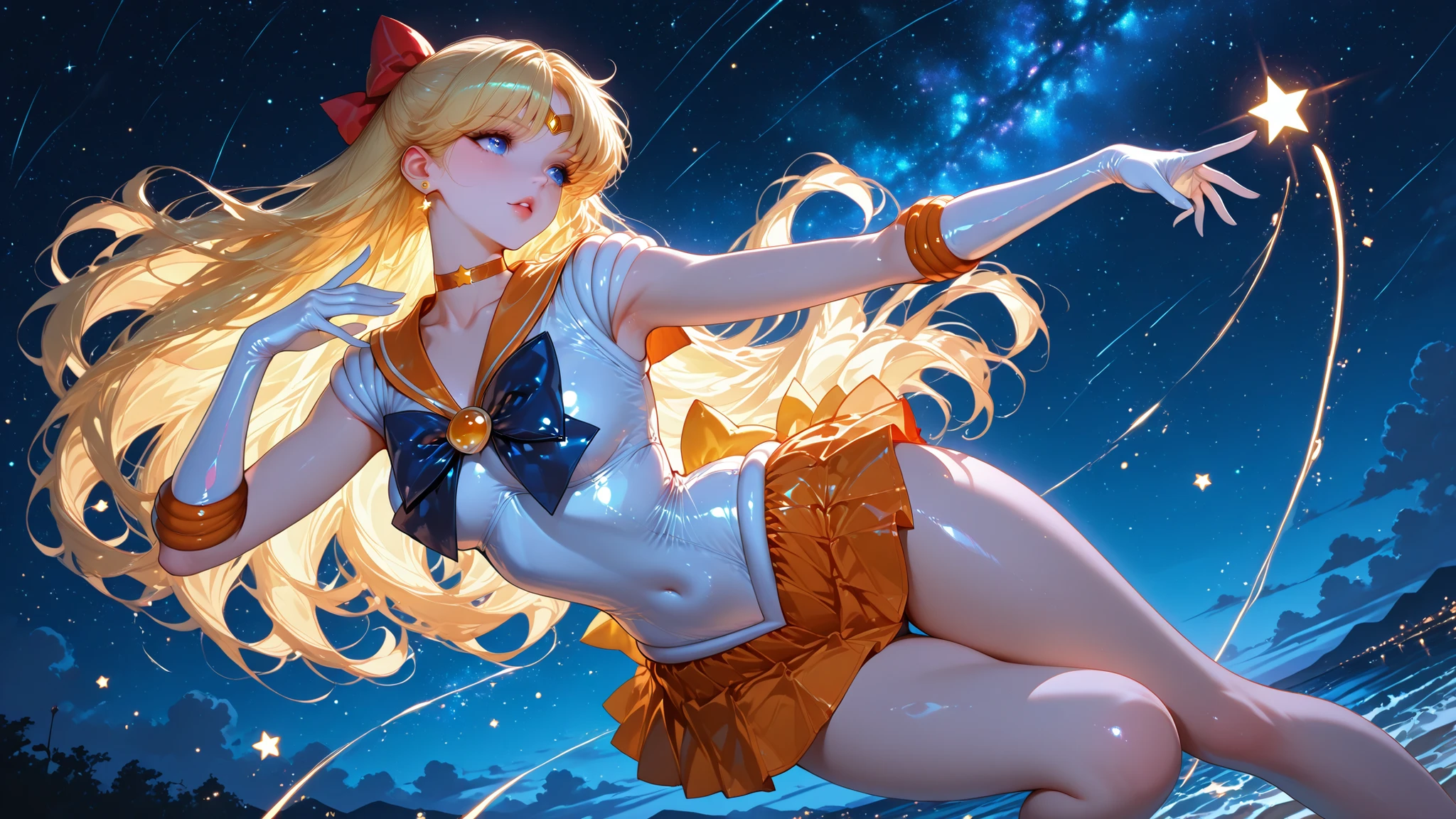 Sailor venus, glow, shine, dynamic pose, night, stars, whimsical, glossy, aesthetic, artistic, cinematic, dreamy