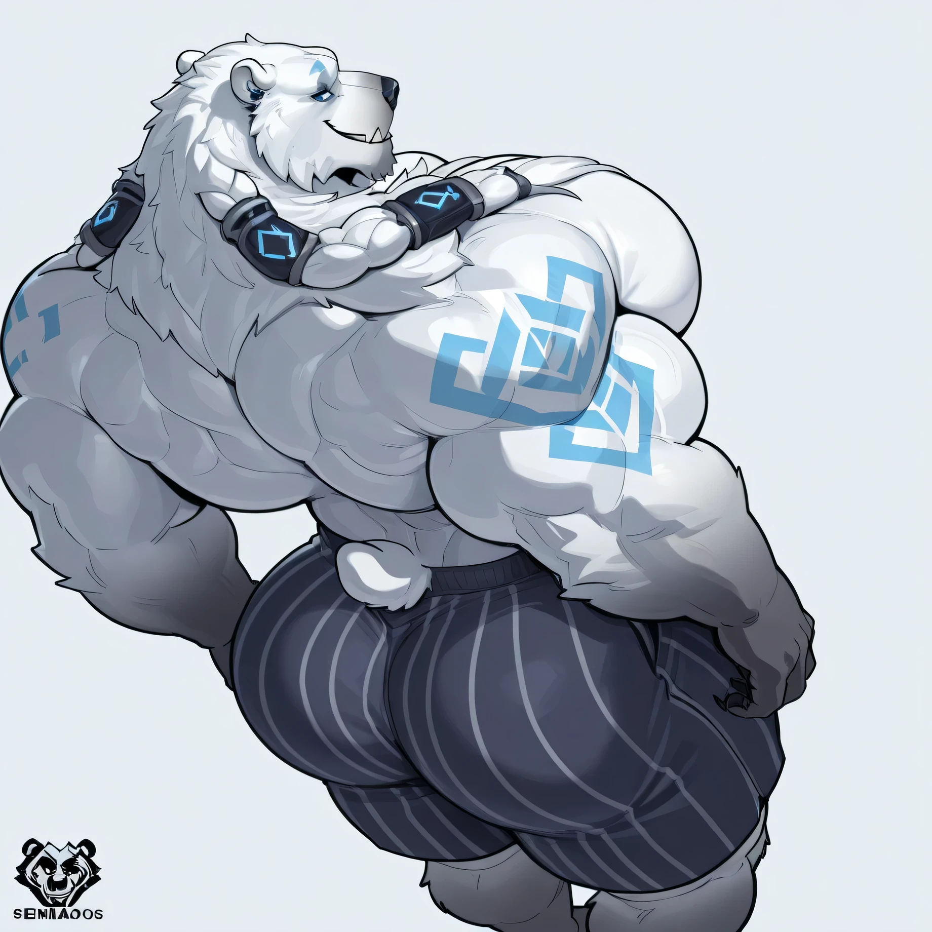 Handsome adult male volibear with muscular white skin,. seen from above, in a casual composition. His body is white, with detailed design, detailed eyes, blue eyes, looking at viewer, hyper pectorals  marcados y expresión segura, dominant and flirty. Smile with visible fangs, slightly blushed. Semi-realistic style with a cool color palette formal, artistic shadows and soft lighting . Ideal as a profile photo or stylized logo, with a masculine vibe, youthful and powerful. 、only, masterpiece、better quality、,  , ( hyper pectorals ), simple background, topless, top view, without eyes, Fanged smile, thick striped shorts, dutch angle, flex down, slighty side view, back view, looking at viewer, Big ass,