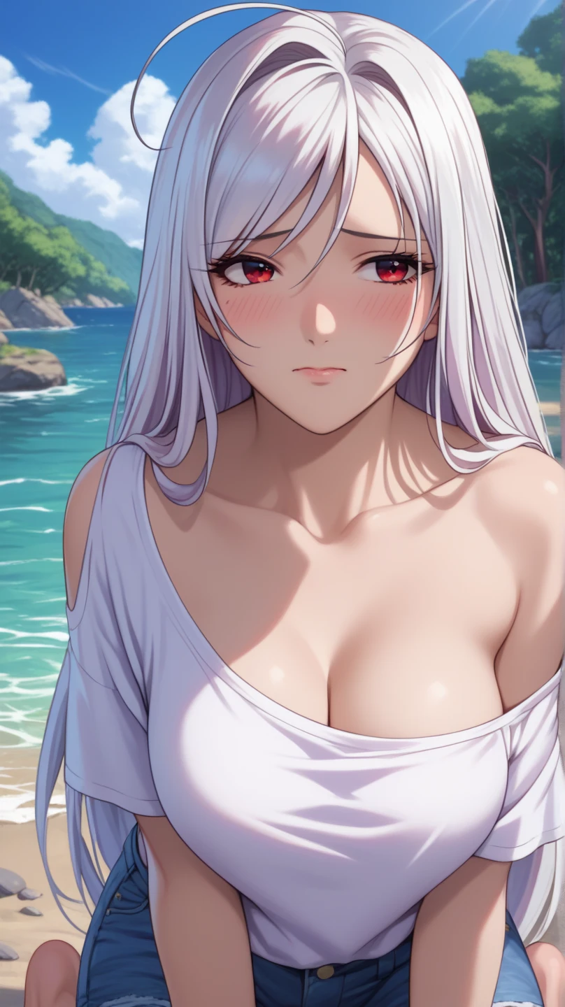 masterpiece, best quality, 1girl, solo, <lora:Ophelia_r1-000001:0.8> ophelia, white hair, long hair, red eyes, shirt, blue shirt, v-neck, collarbone, , cleavage, upper body, cowboy shot, beach