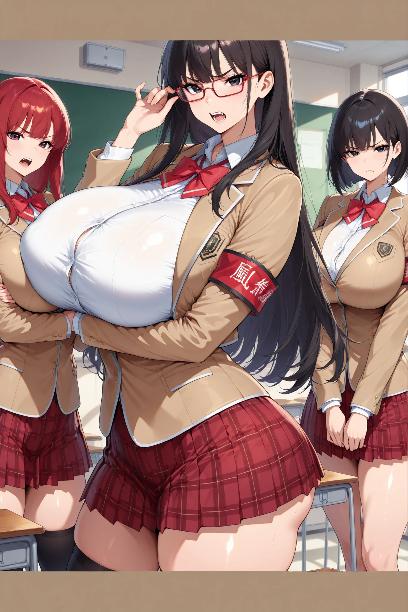 {{insanely detailed}},{{exquisite}},{{beautiful}},{{8K}},{{{perfect anatomy}}},{{official art}},{{super detailed skin}},{{illustration}},{{{realistic}}},{{2d}},{{{super detailed skin}}},{{{{{ideal ratio body proportions}}}}},{{{{perfect anatomy}}}},{{{gigantic breasts, sagging breasts, perky breasts, voluptuous, curvy, narrow waist, thicc, huge ass, thick thighs, long legs, tall female}}},{{{beautiful face, slender face, very small face}}}, cowboy shot, three quarter view, looking at viewer, solo force, 1girl, black straight long hair, shiny hair, glistening hair, glory hair, glistening skin, glory skin, smooth skin, wearing school uniform blazer with armband, brown blazer, red striped neck ribbon, white shirt, kilt skirt, pleated skirt, red tartan check pattern skirt, micro miniskirt, extremely short microskirt, black thighhighs, school uniform, Student Discipline Committee armband, sharp dark eyes, standing, hand on own arm, wearing square glasses with a sleek red frame, adjusting eyewear, annoyed, scowl, open mouth, indoor, student council room