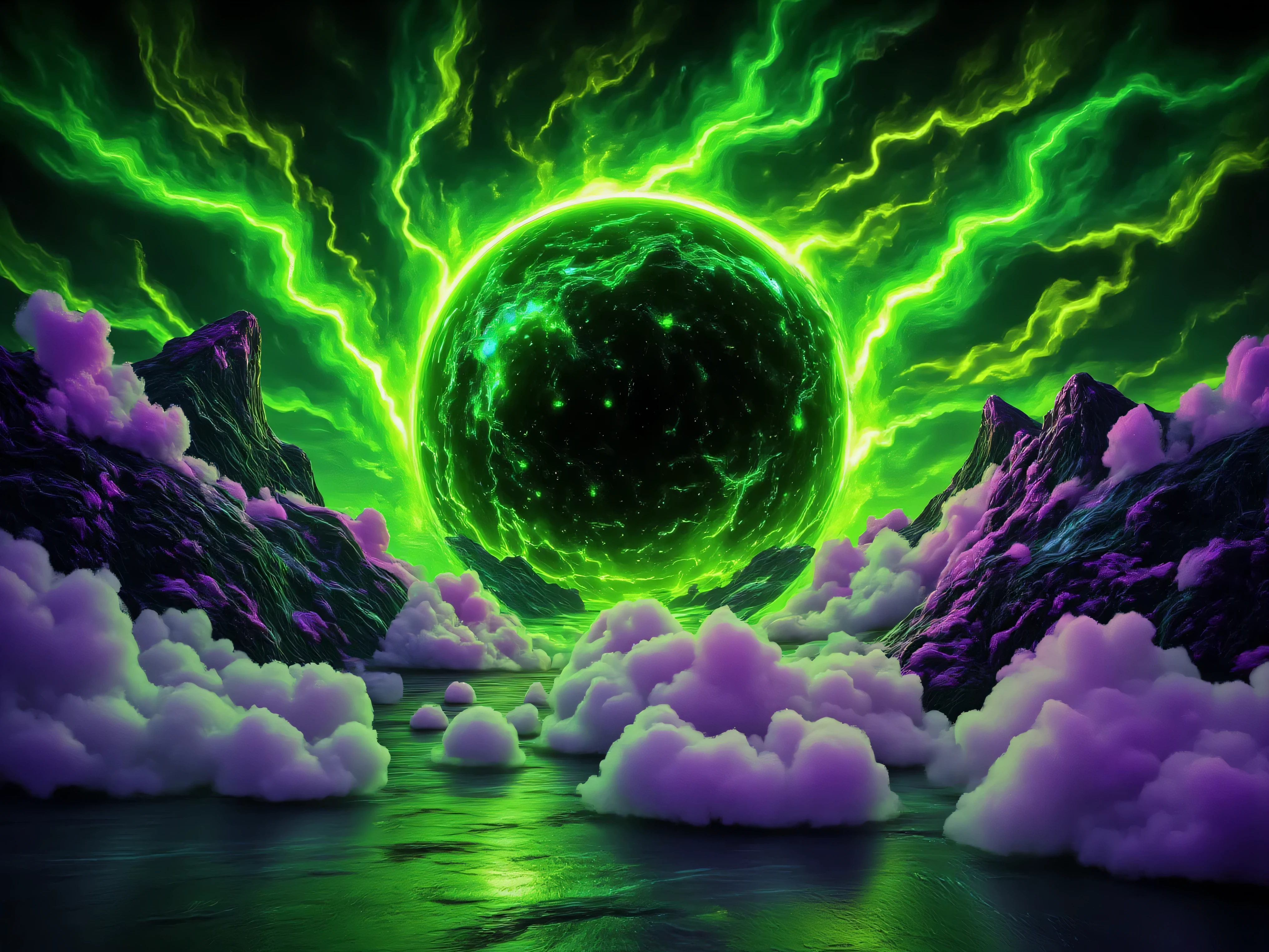 Ultra-realistic, photo-realistic, ultra-detailed, bright vibrant colors, 3D rendered realism, a neon green sky with slime green clouds, and light lime green clouds in front of those clouds partially covering a dark green sun with tiny fragments of electric blue in it.