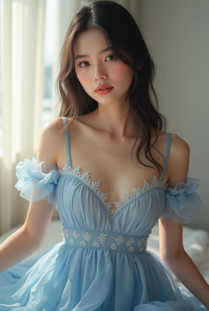 beautiful adult young woman、Beautiful loosely wavy brown hair、medium hair、Festor with many small white and pink roses on its head,,、small face、compensate、smiling、glossy lips、very large breasts with good shape、big breasts、beautiful breasts、rich cleavage、Emphasis on chest、Attractive style、charm those around you、gorgeous light blue dress、skirt、Classy little earrings,has a veil, gauntlet, Floral ornament of roses of different colors on the skirt、sit surrounded by lots of roses、