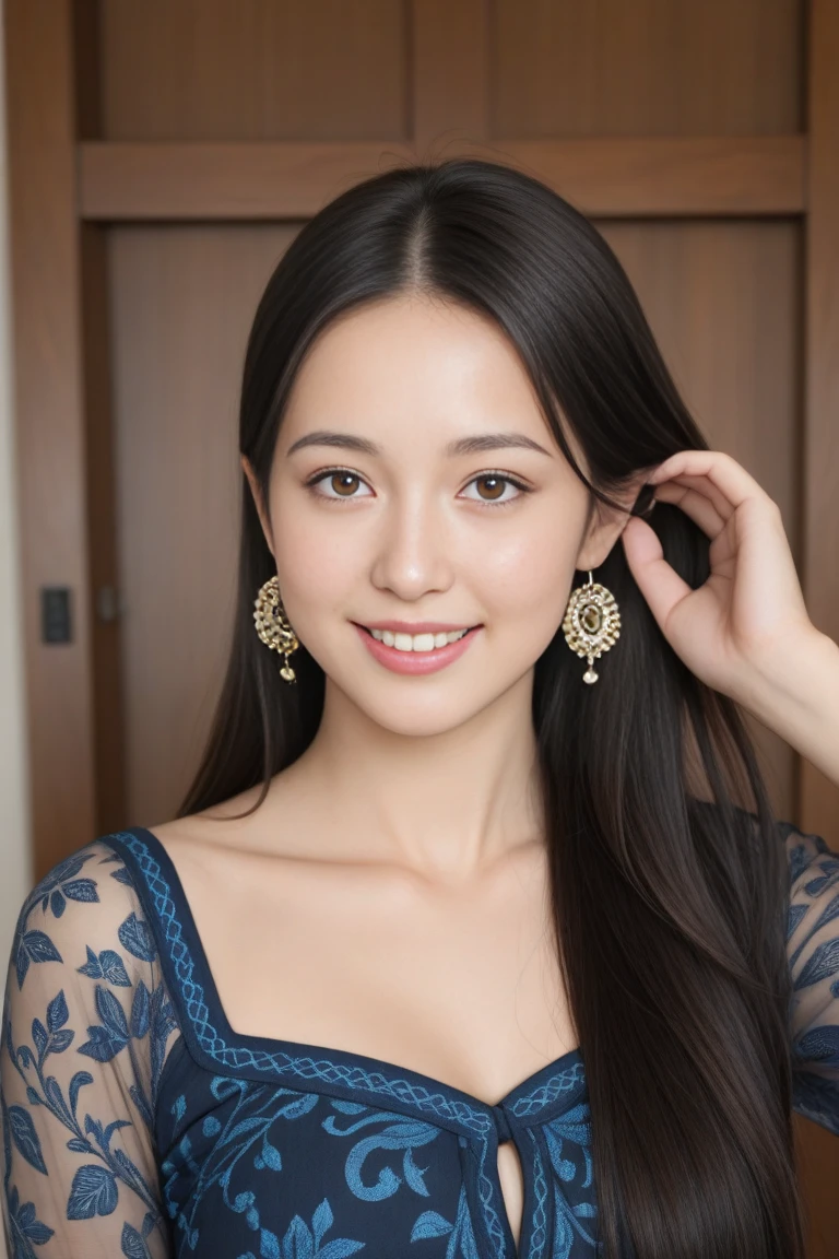 21-year-old Japan woman wearing a trendy dress、gently smiling、see the beholder, depth of fields, livingroom, (1girl in:1.6), ulzzang-6500v1.1, (Original: 1.2), (realisitic: 1.3), beautiful girl with beautiful details, extremely detailed eye and face, Eyes with beautiful details, absurderes, Incredibly ridiculous, huge filesize, Ultra-detail, hight resolution, Ultra-detail, top-quality, ​masterpiece, illustratio, ultra detailed and beautiful, Ultra-detail, Ultra-detail, nffsw, Unity, 8k wallpaper, magnificent, finely detail, ​masterpiece, top-quality, Official art, Highly detailed ticker Unity 8k wallpaper, lighting like a movie, (perfect glossy skin:0.6), slim and smooth lines, (floating), (small tits:1), a necklace、earrings ,