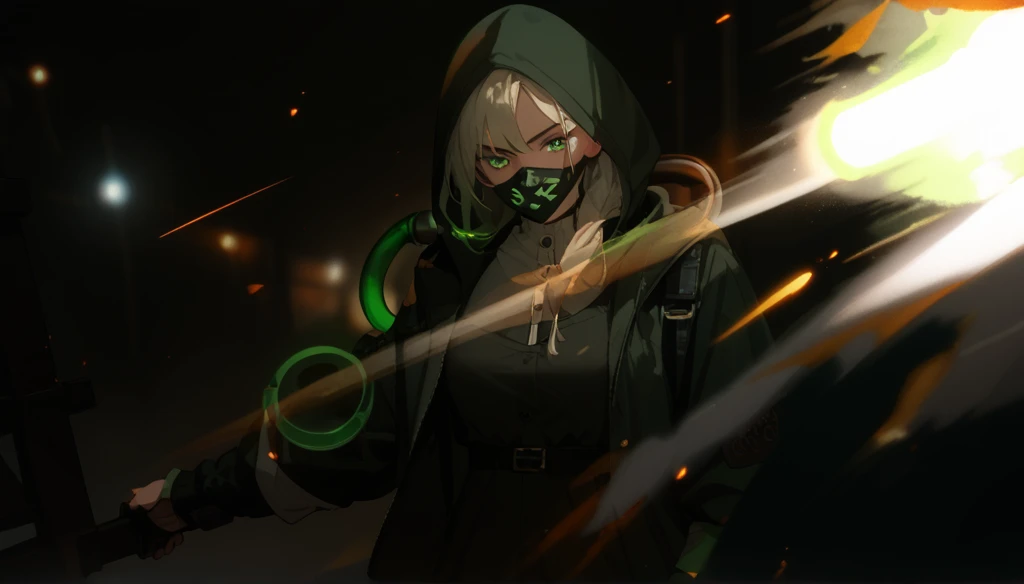 A full-body shot of Princess Zelda, yellow hair, yellow eyes, dressed as a Trudy from the matrix in black+neon green with a black mask and hood with green details, XL bust, holding a flaming Kunai attached to a chain. Background: Cybercity created in the Matrix at night. Unreal Engine 5, Anime, Anime style, Masterpiece, Well drawn eyes, well drawn face, well detailed eyes, well detailed face, 8k, light and shadow effect. --auto --s2