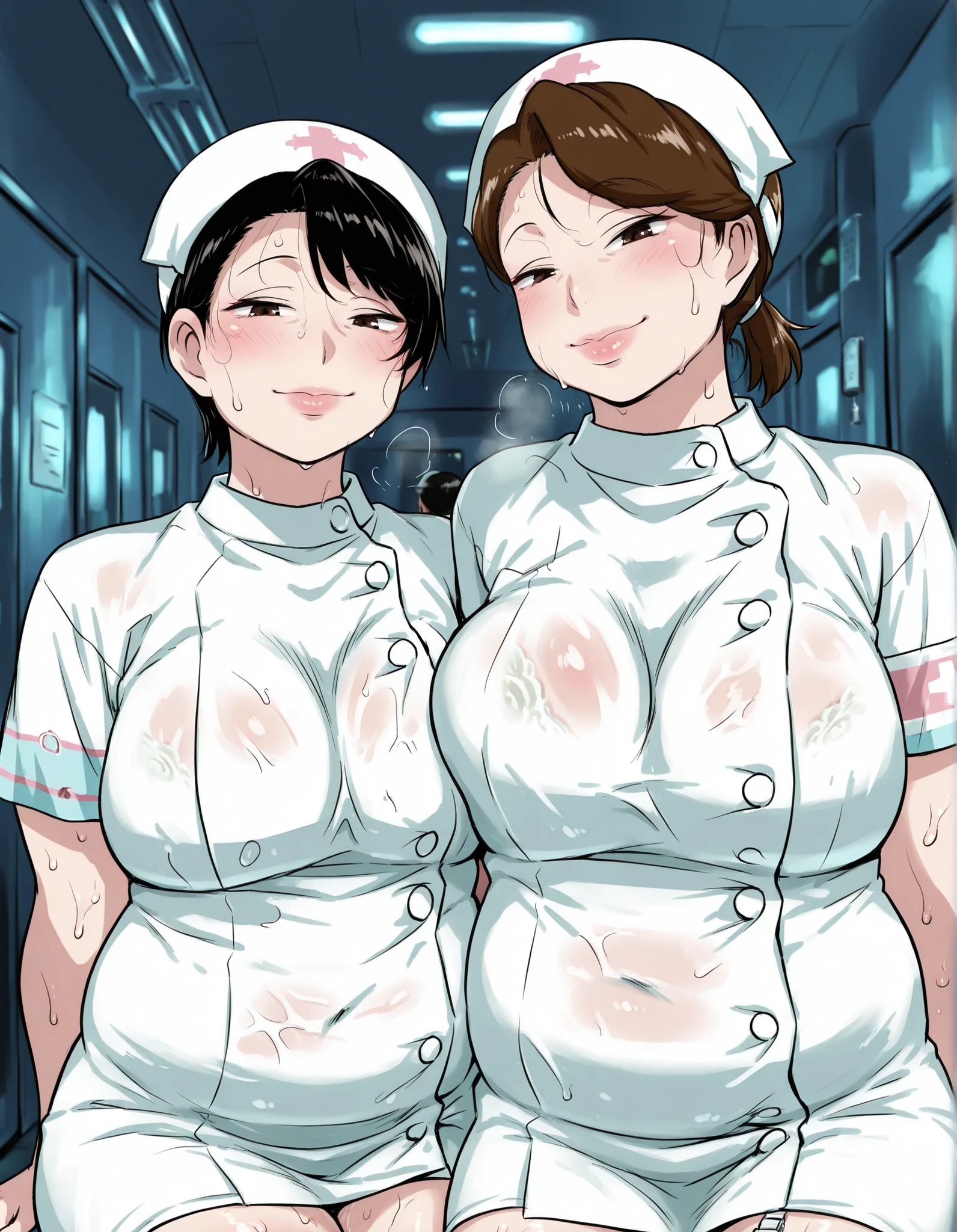 score_9_up , score_8_up , score_7 , masterpiece, Two mature women side by side, watching viewers, mm,mature female, brown eyes,plump,large , black hair ponytail hair and brown short hair in the hospital hallway at night, wearing white nurse clothes in hospital hallway at night, Night Hospital, nurse station, Sweaty smell, Smile, chubby lips, steamyILL, steam, smell,steaming body