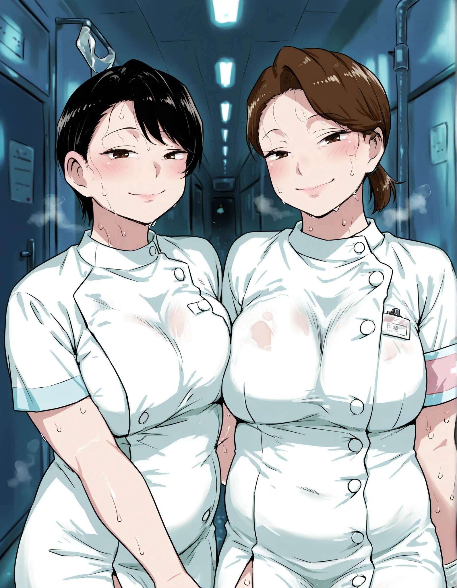 score_9_up , score_8_up , score_7 , masterpiece, Two mature women side by side, watching viewers, mm,mature female, brown eyes,plump,large , black hair ponytail hair and brown short hair in the hospital hallway at night, wearing white nurse clothes in hospital hallway at night, Night Hospital, nurse station, Sweaty smell, Smile, steamyILL, steam, smell,steaming body