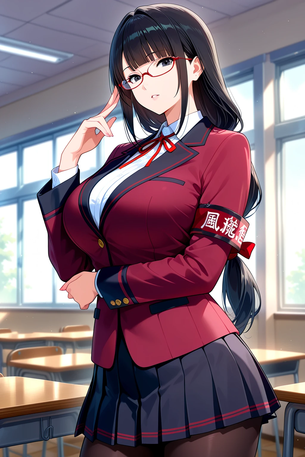 1girl, office, ((black office skirt)), shirt, (angry), ((hourglass figure)), black tights, (from above), looking at viewer, glasses, ((thick thighs))